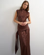 Topshop satin grown on neck dropped waist sash maxi dress in chocolate and red polka dot