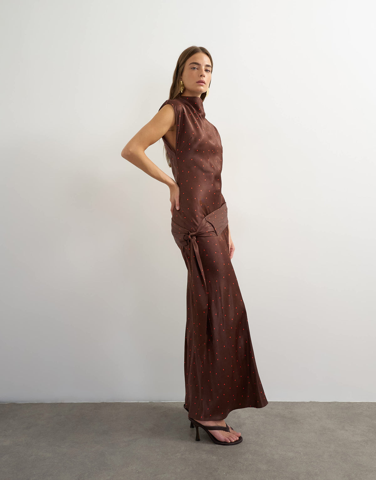 Topshop satin grown on neck dropped waist sash maxi dress in chocolate and red polka dot