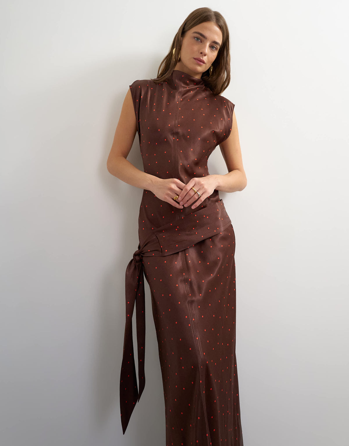 Topshop satin grown on neck dropped waist sash maxi dress in chocolate and red polka dot