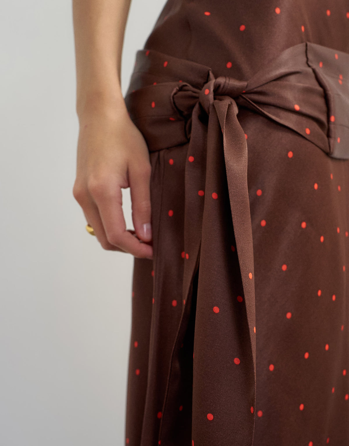 Topshop satin grown on neck dropped waist sash maxi dress in chocolate and red polka dot