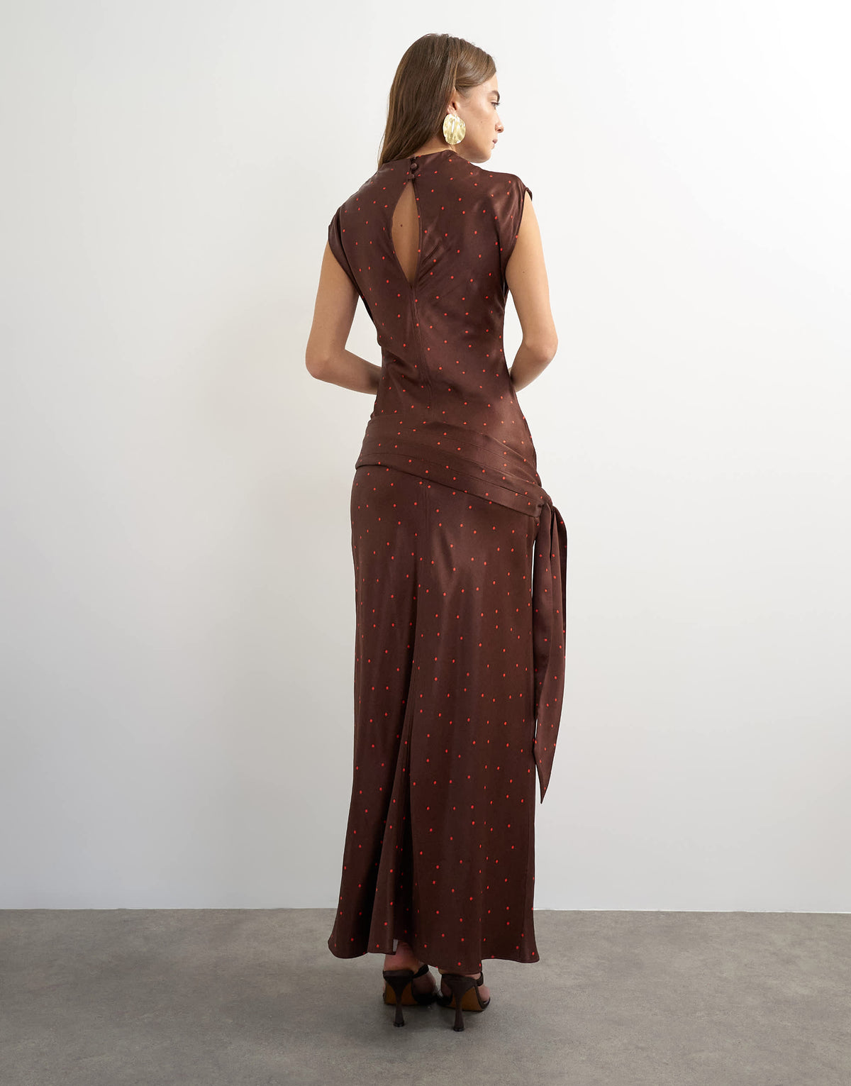 Topshop satin grown on neck dropped waist sash maxi dress in chocolate and red polka dot