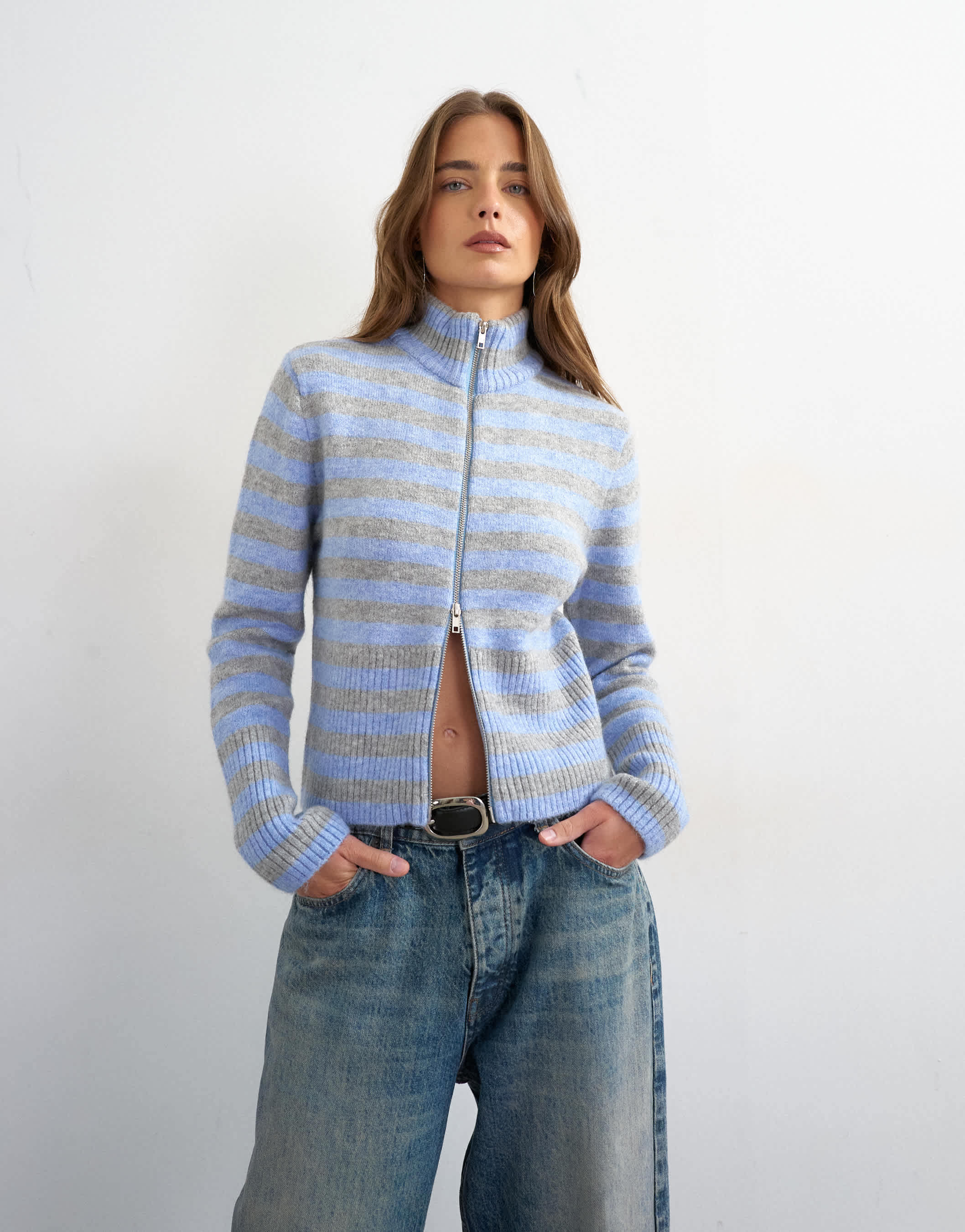 Topshop knitted zip up cardigan in grey and blue stripe