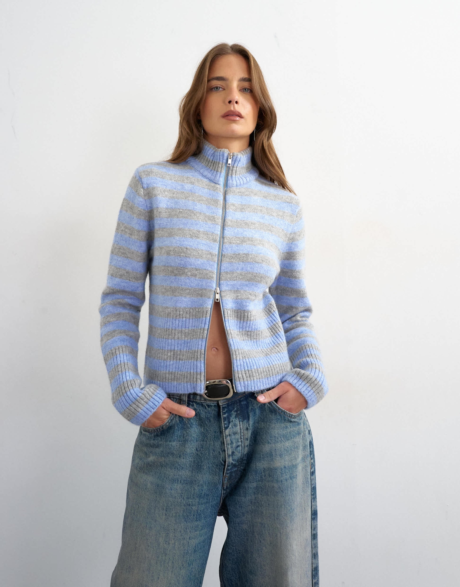 Topshop knitted zip up cardigan in grey and blue stripe