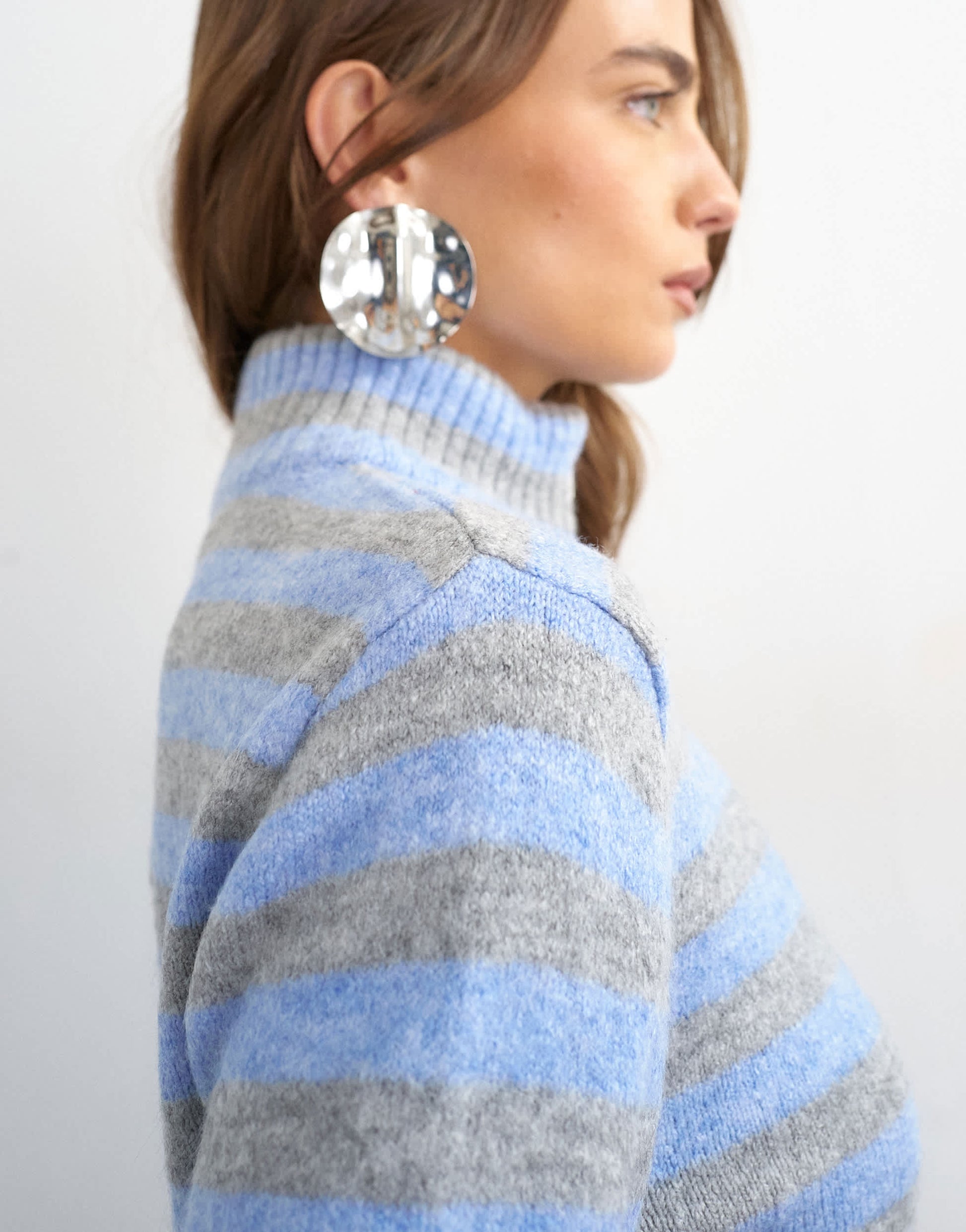 Topshop knitted zip up cardigan in grey and blue stripe