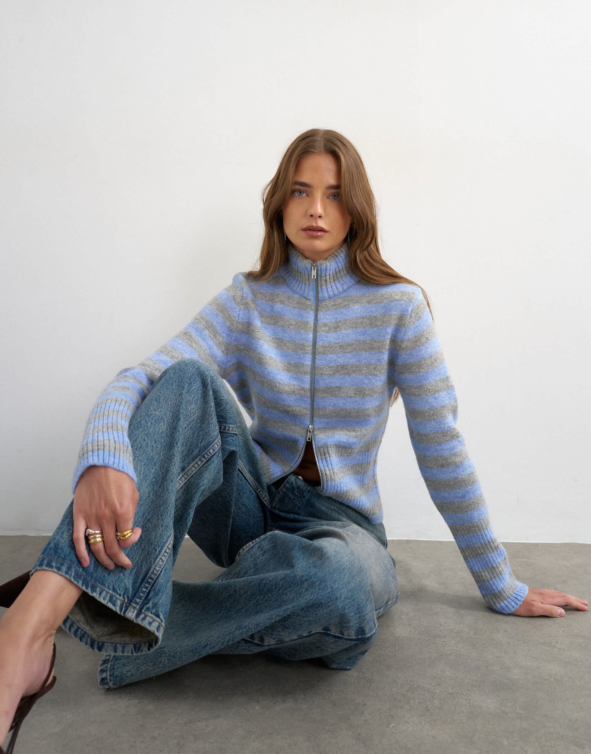 Topshop knitted zip up cardigan in grey and blue stripe