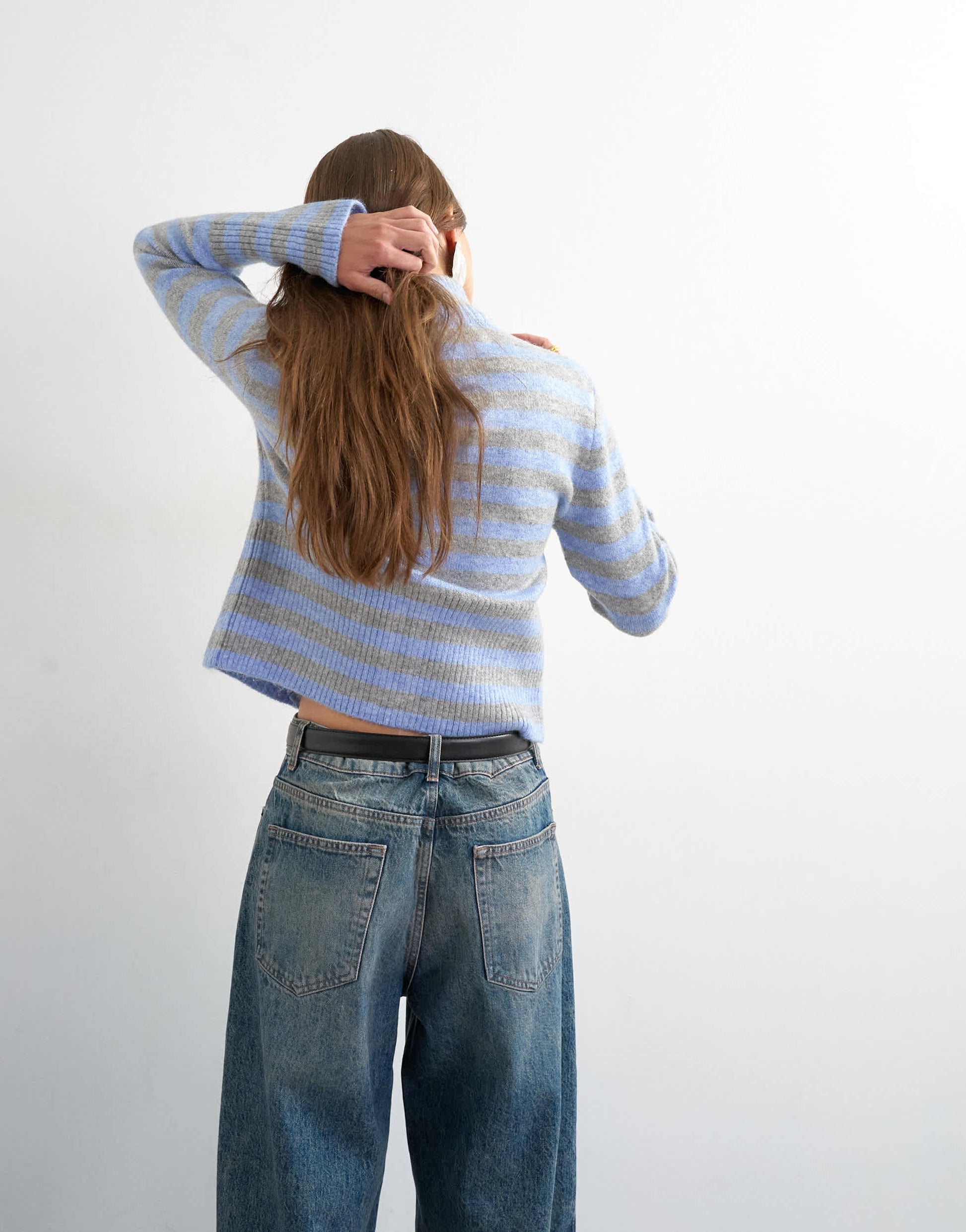 Topshop knitted zip up cardigan in grey and blue stripe