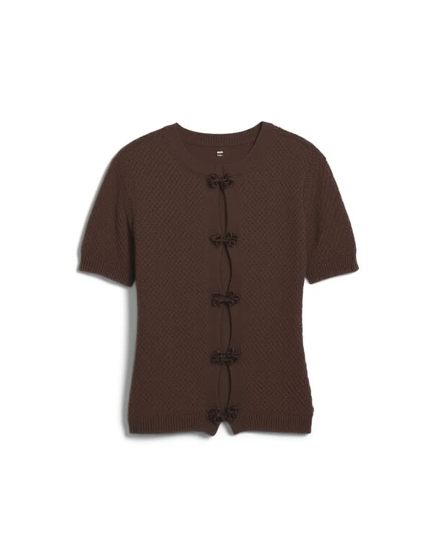 Topshop knitted short sleeve mandarin collar cardigan in brown