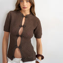 Topshop knitted short sleeve mandarin collar cardigan in brown