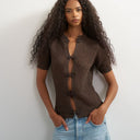 Topshop knitted short sleeve mandarin collar cardigan in brown