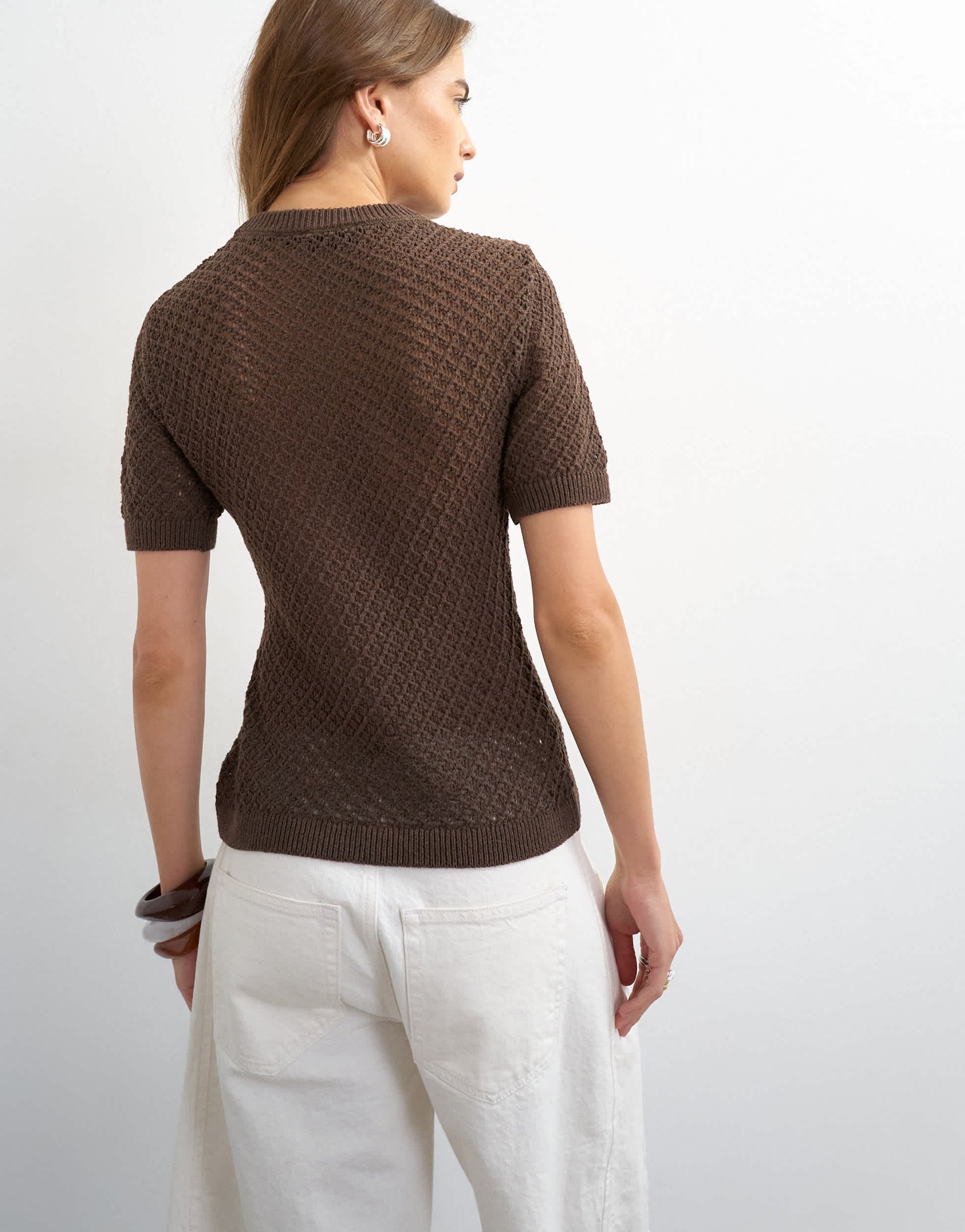 Topshop knitted short sleeve mandarin collar cardigan in brown