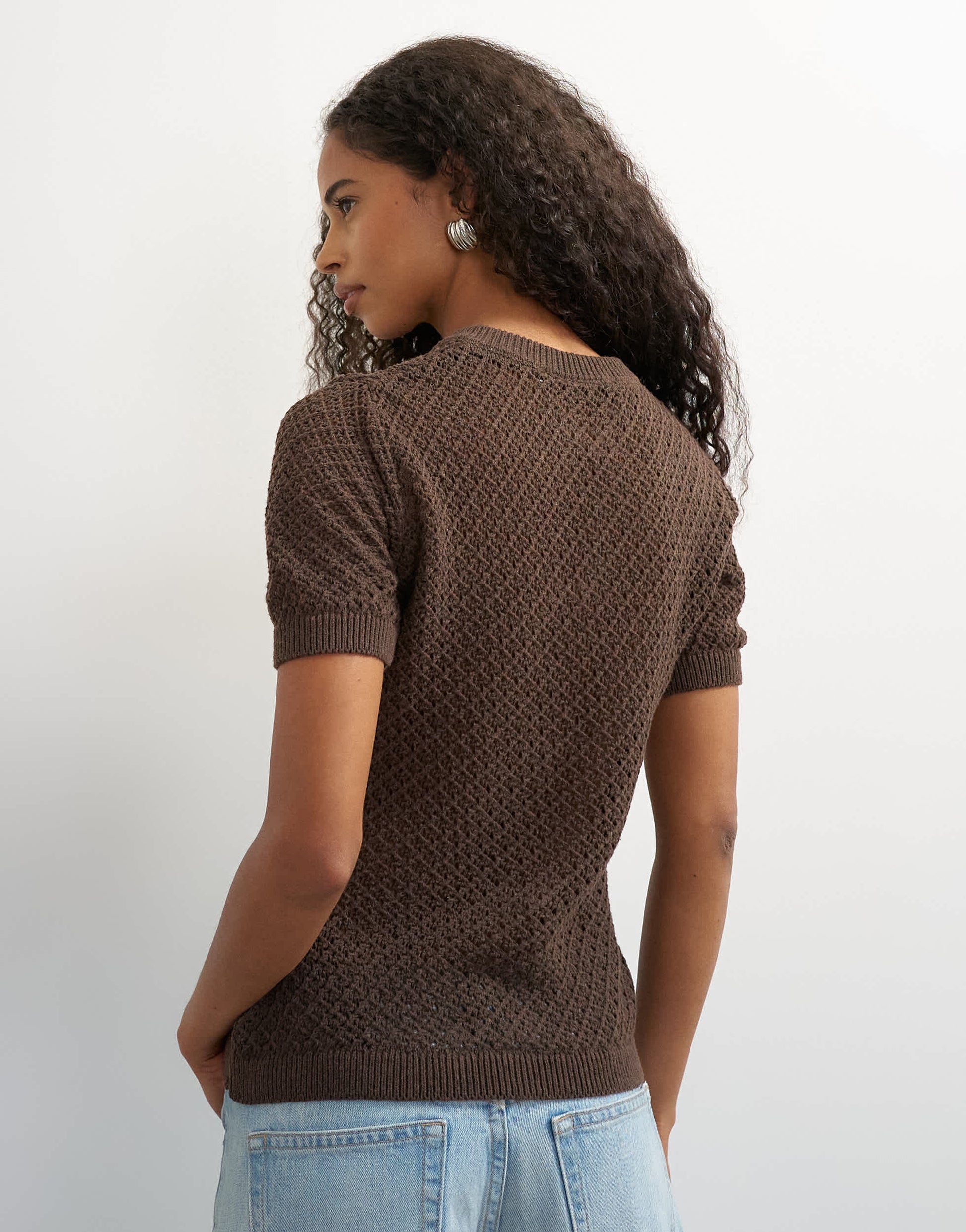 Topshop knitted short sleeve mandarin collar cardigan in brown