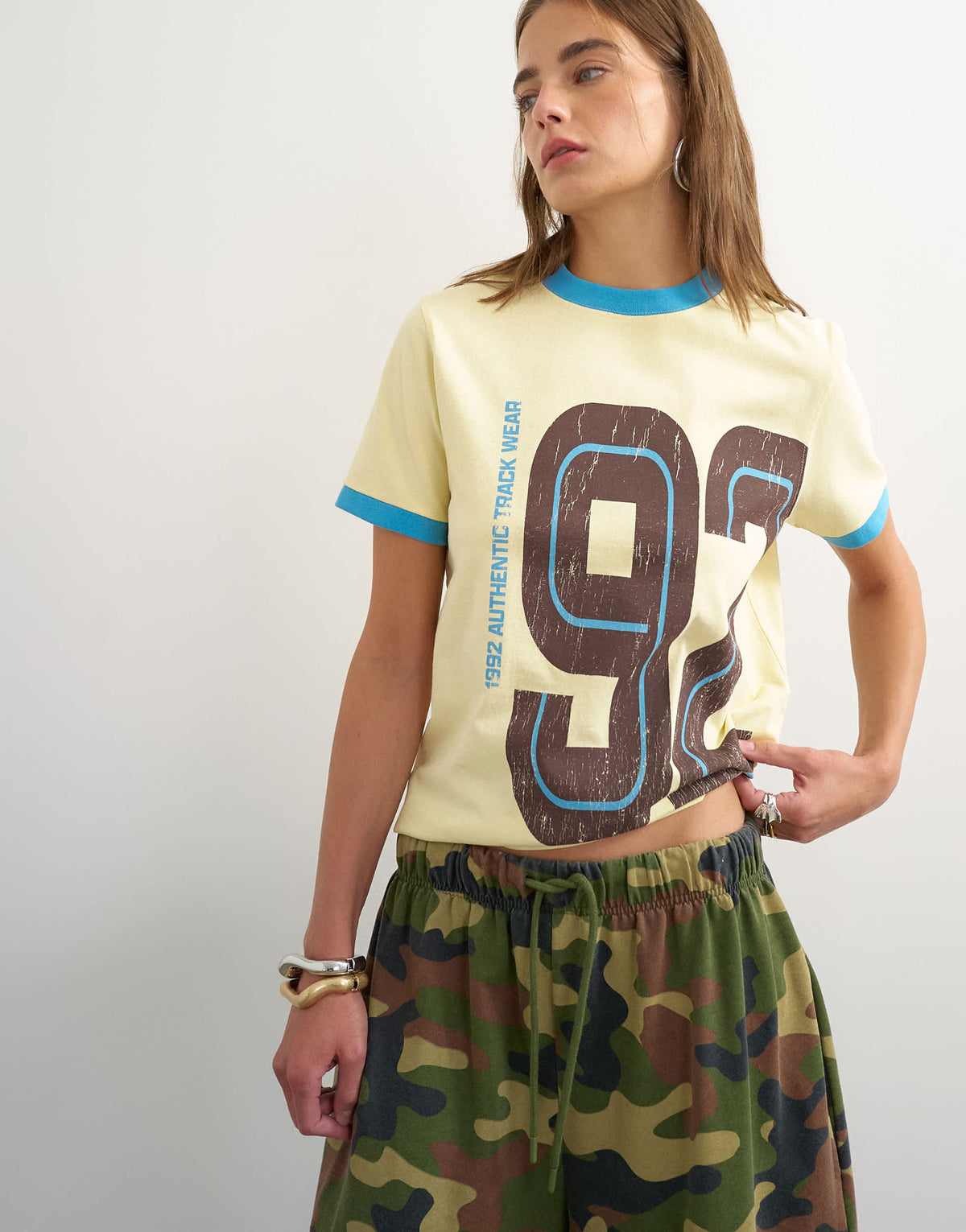 Topshop graphic colour block cuff tee in yellow