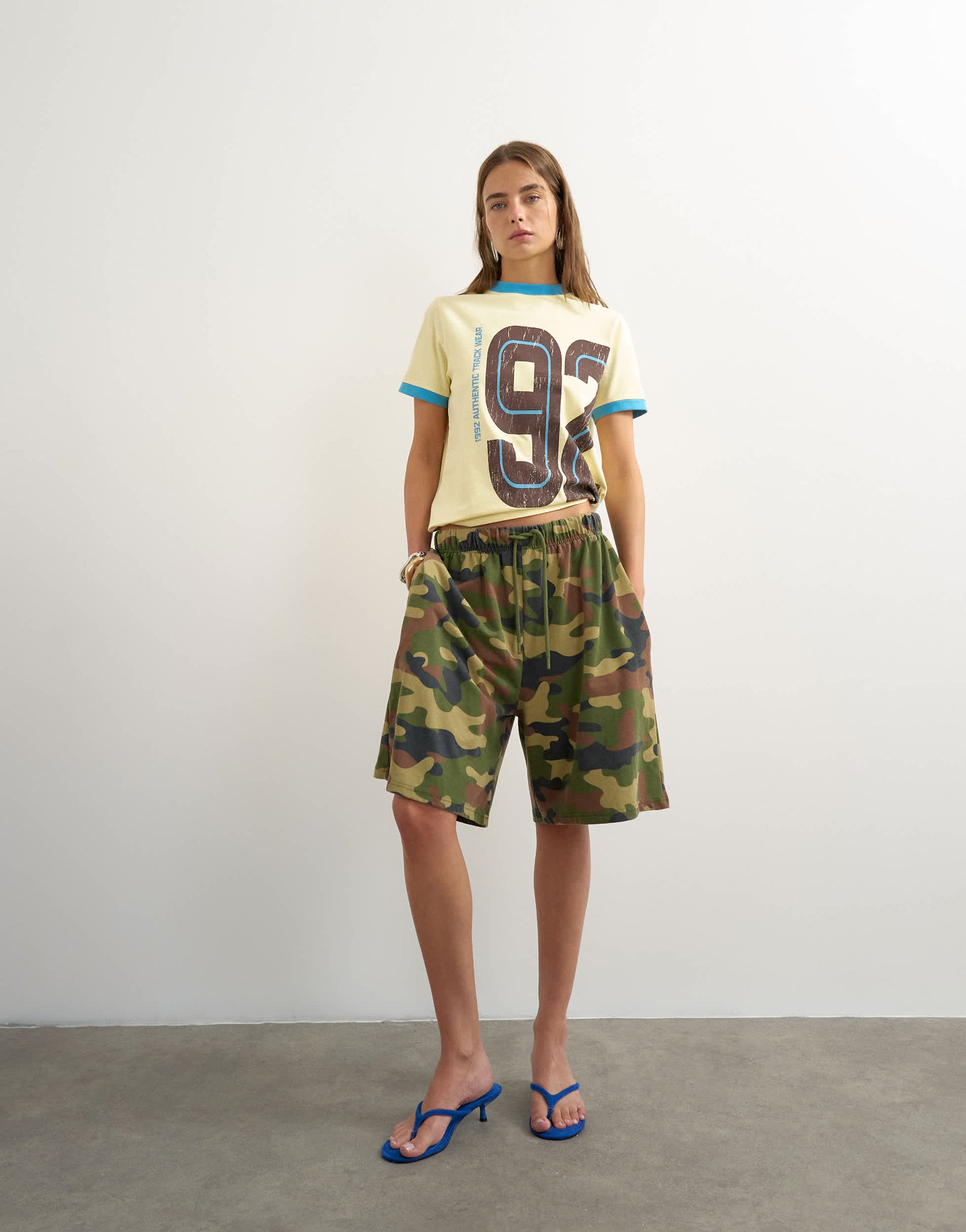 Topshop graphic colour block cuff tee in yellow
