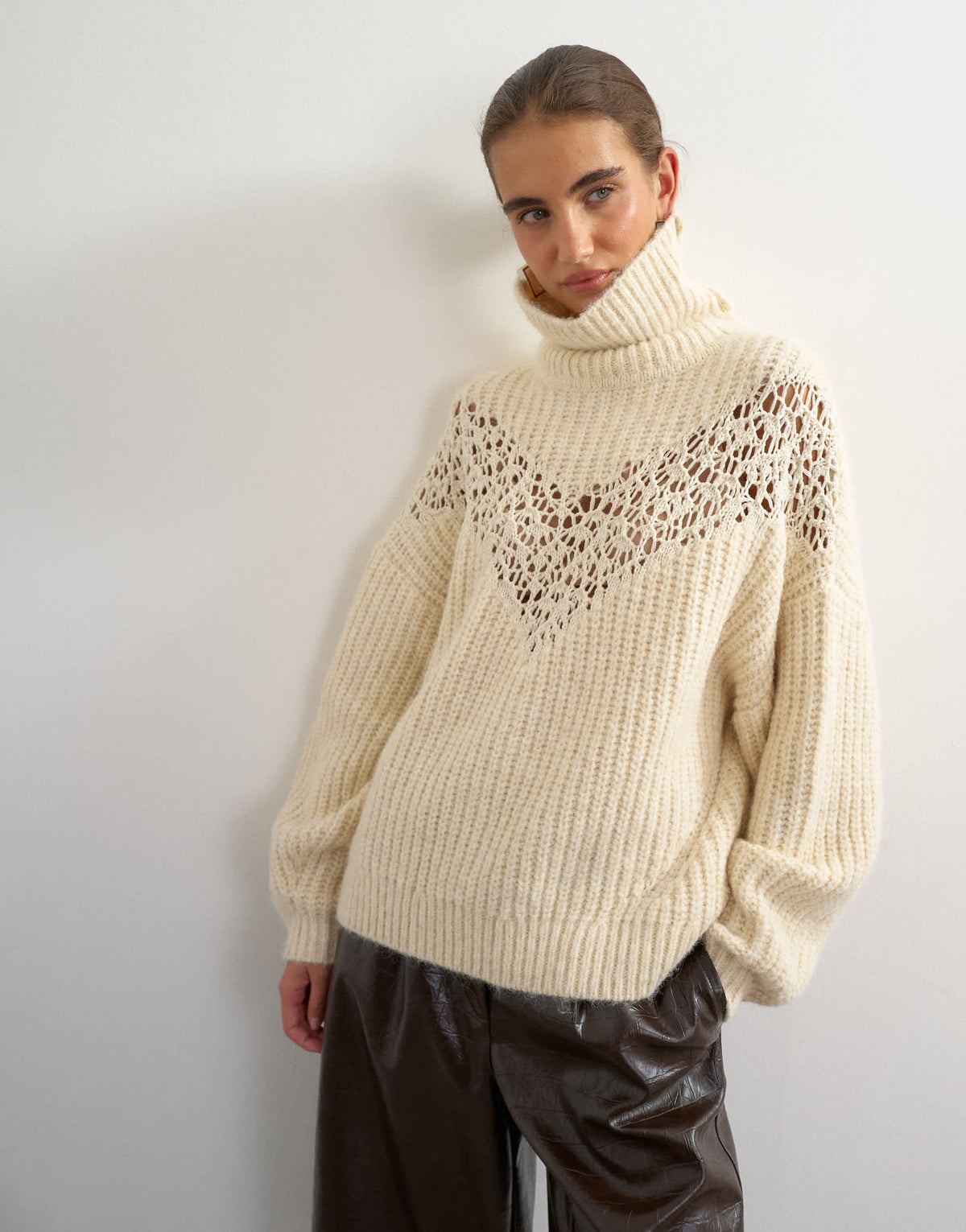 Topshop knitted high neck ribbed jumper lace detail in ivory