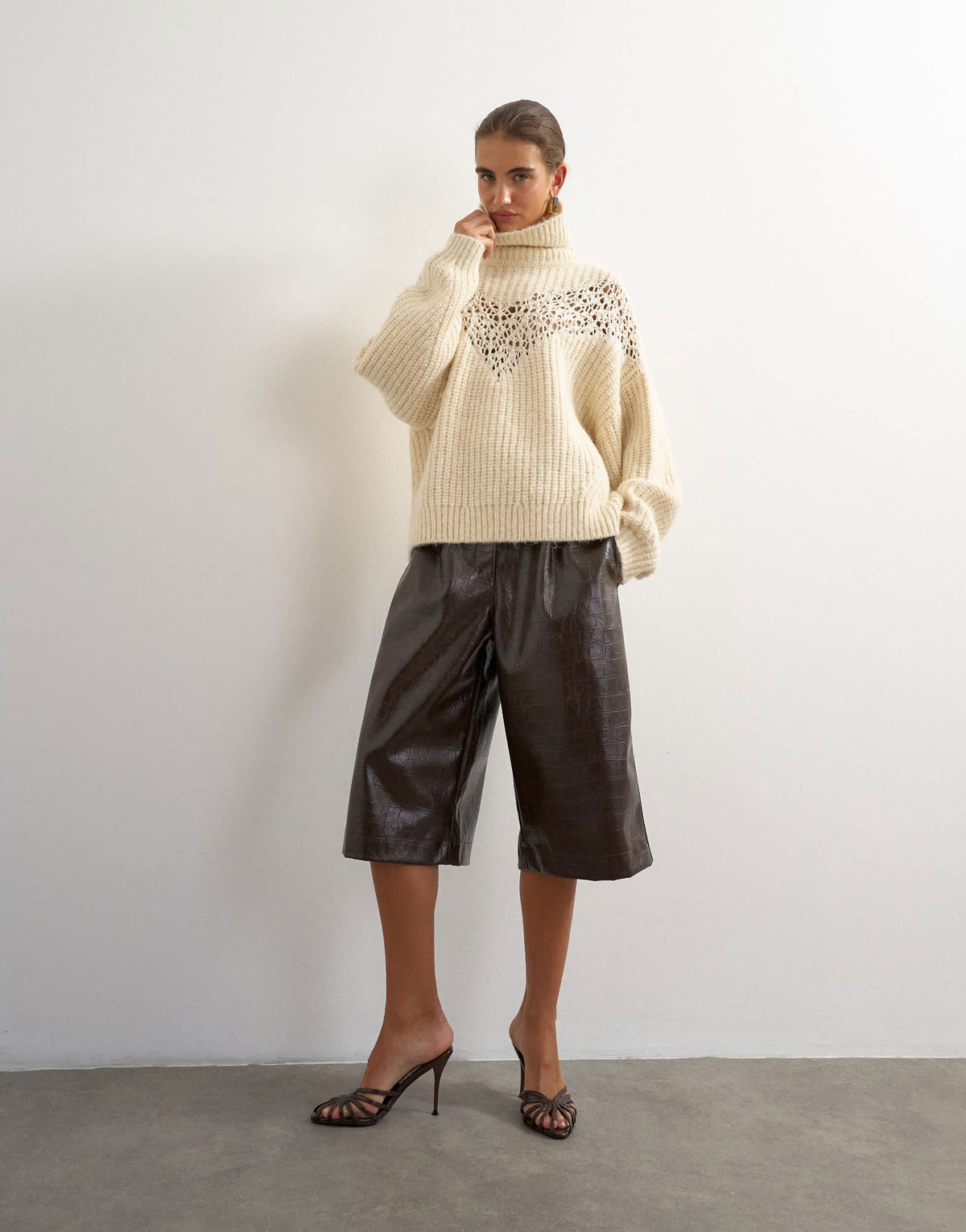 Topshop knitted high neck ribbed jumper lace detail in ivory