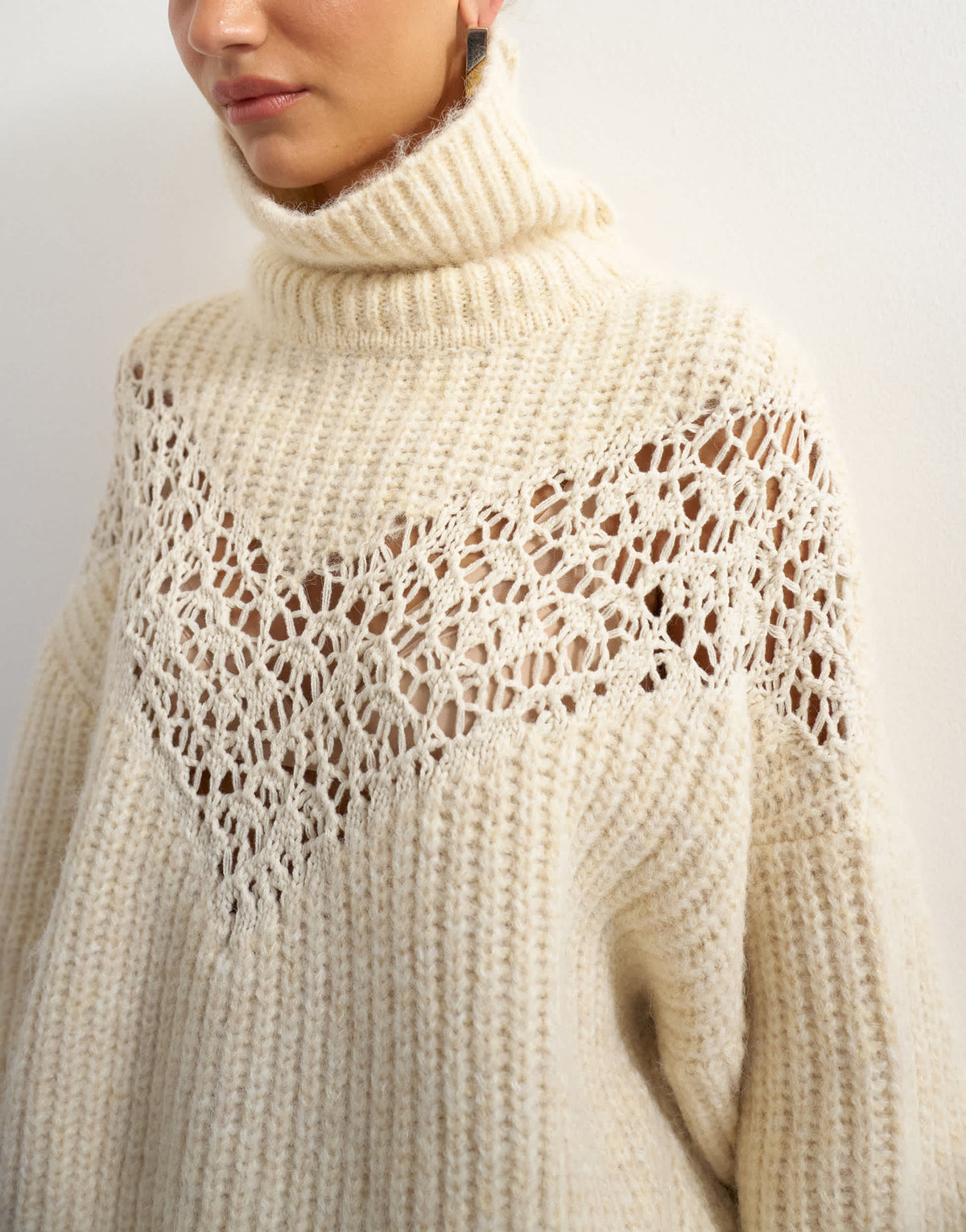 Topshop knitted high neck ribbed jumper lace detail in ivory