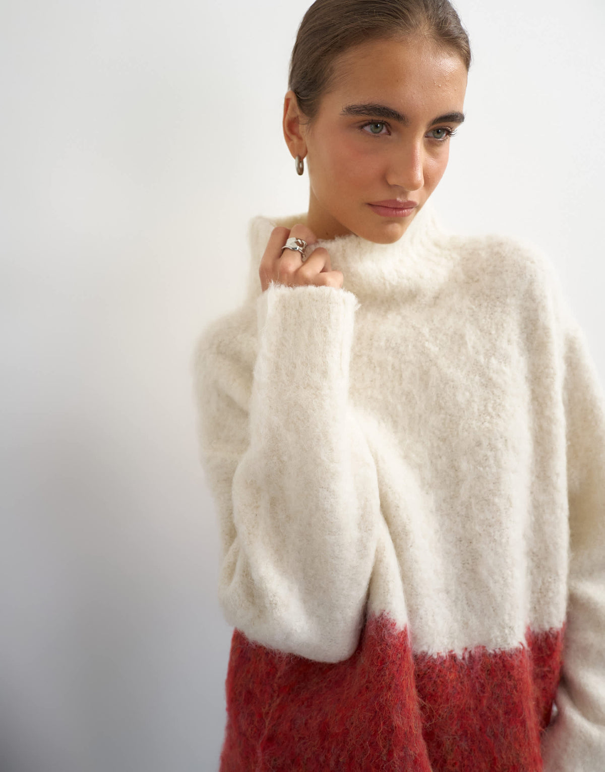 Topshop knitted high neck oversized abstract print jumper in ivory and red