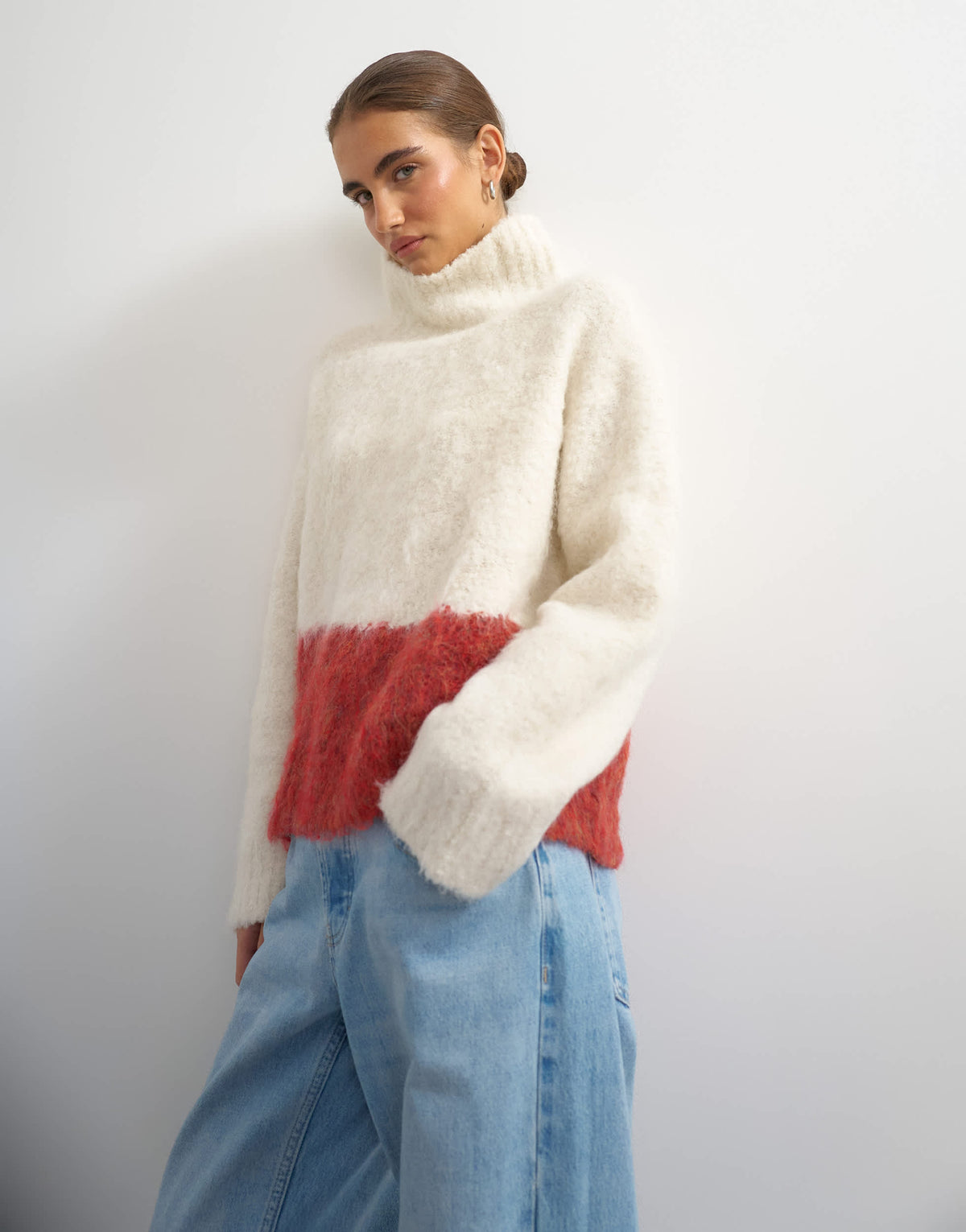 Topshop knitted high neck oversized abstract print jumper in ivory and red
