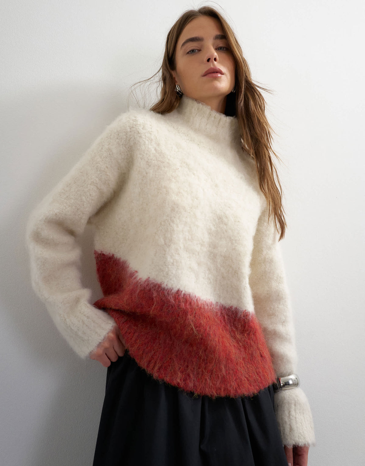 Topshop knitted high neck hairy oversized abstract print jumper in neutral
