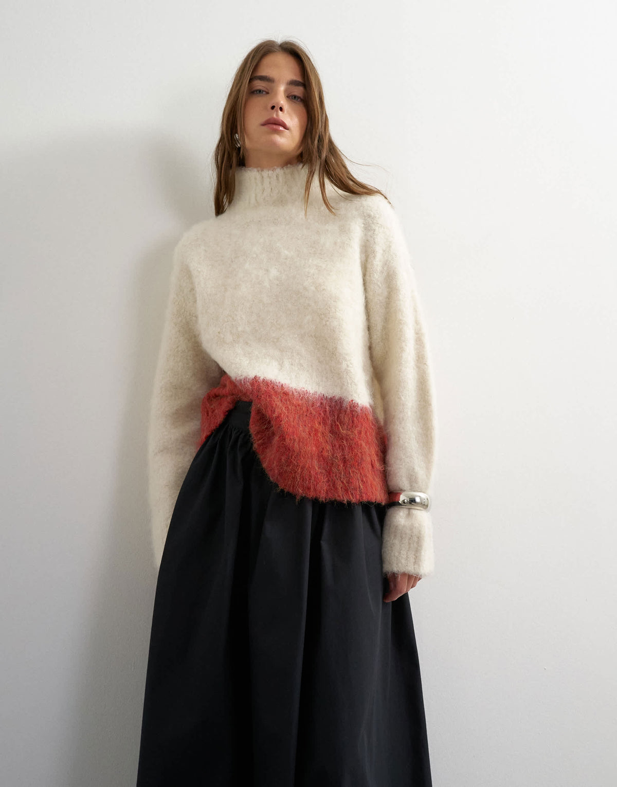 Topshop knitted high neck hairy oversized abstract print jumper in neutral