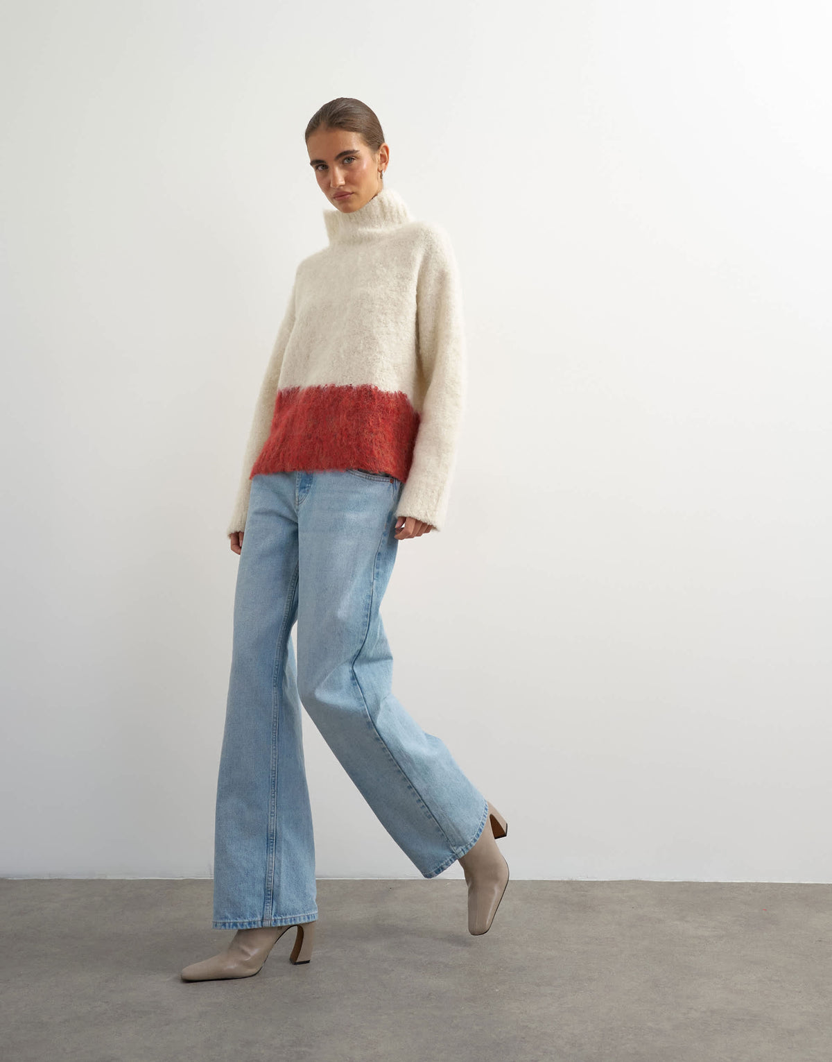 Topshop knitted high neck oversized abstract print jumper in ivory and red