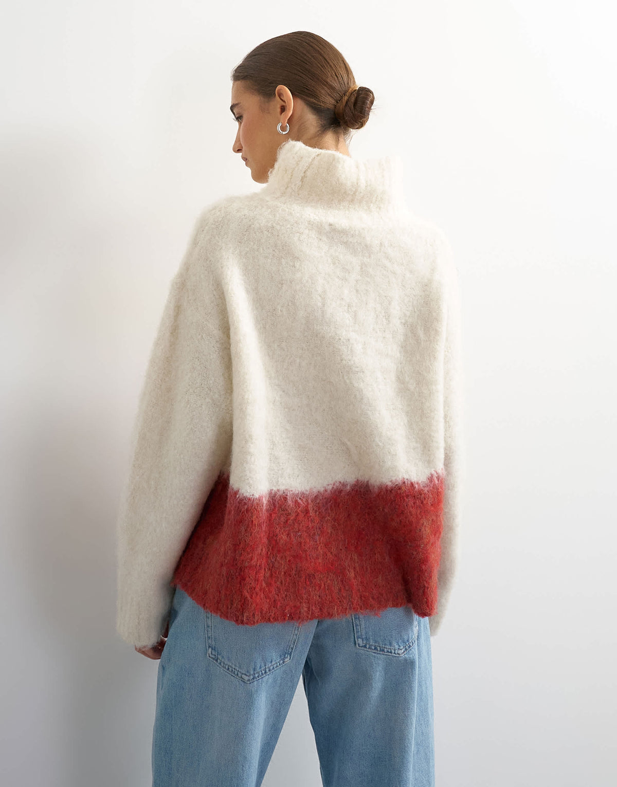 Topshop knitted high neck oversized abstract print jumper in ivory and red