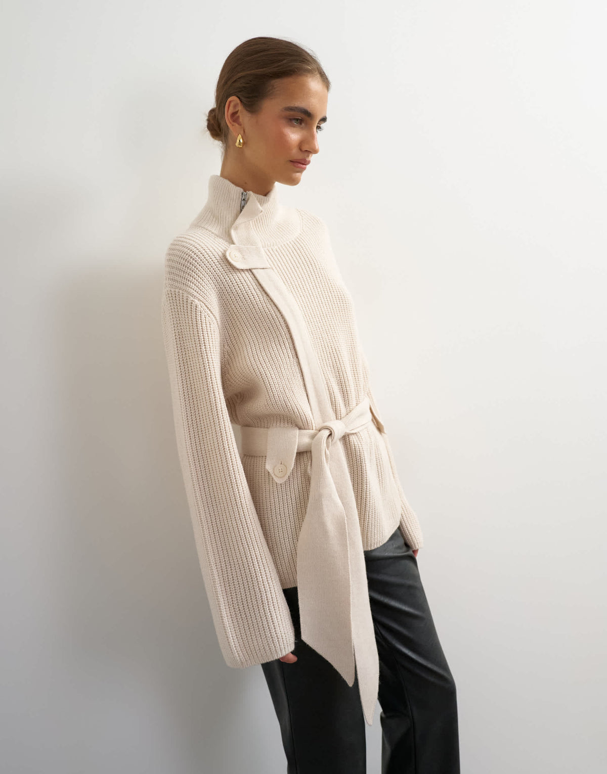 Topshop knitted high funnel neck utility jacket with wool in beige