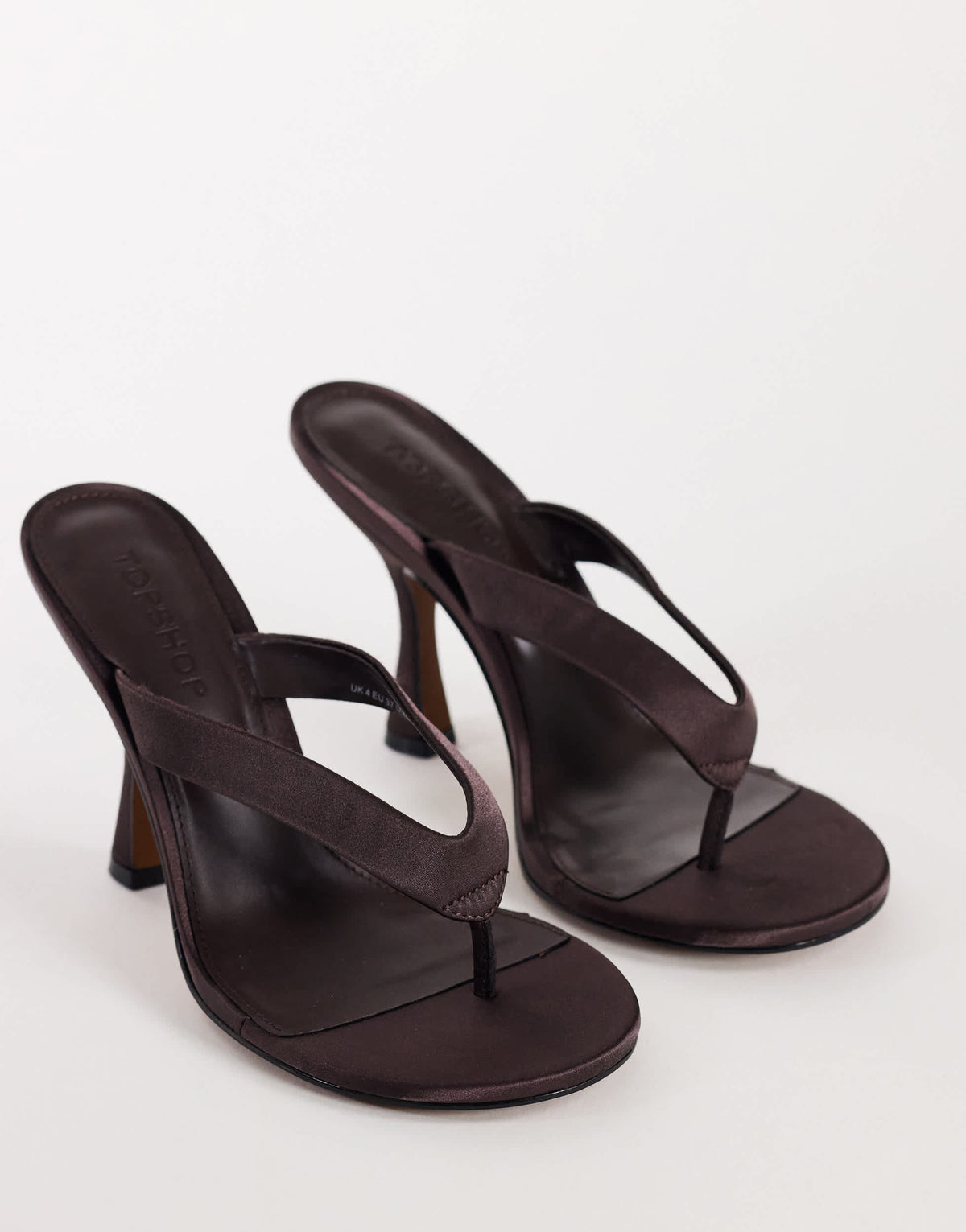 Topshop Nina toe thong heeled sandal in chocolate satin