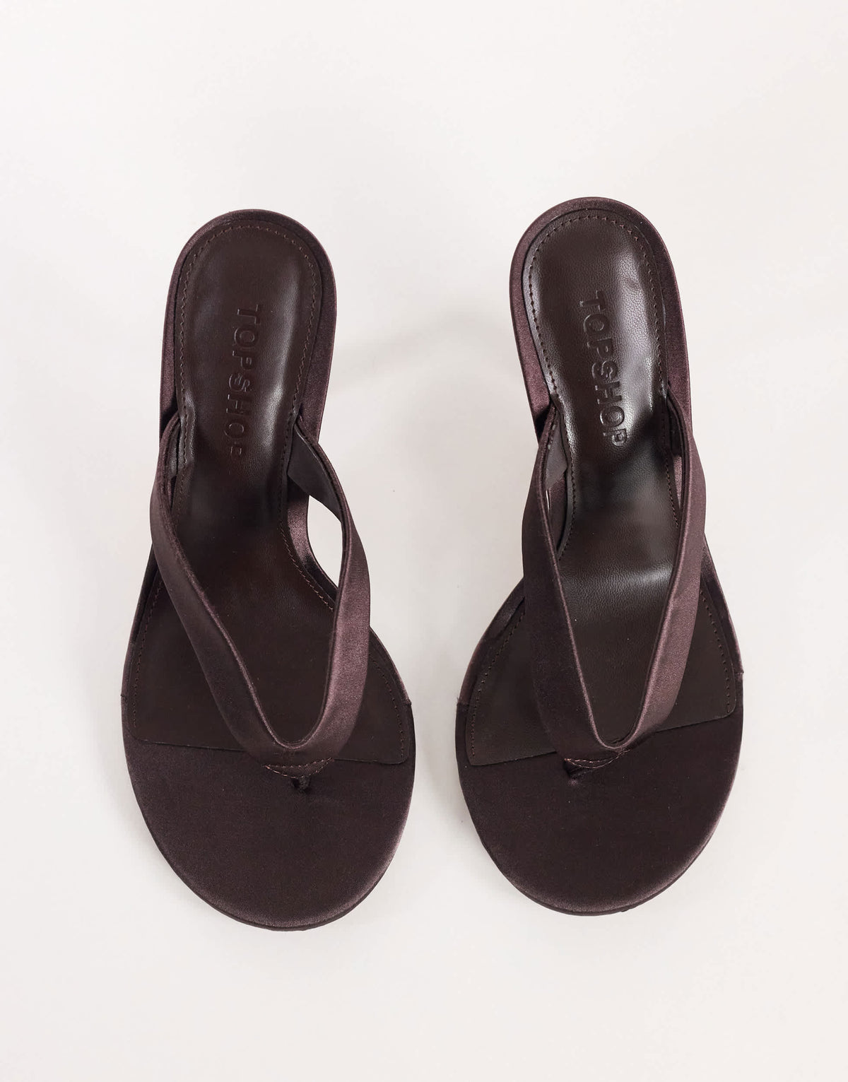 Topshop Nina toe thong heeled sandal in chocolate satin