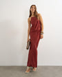 Topshop satin bias halter neck open scoop back maxi dress in burnt red