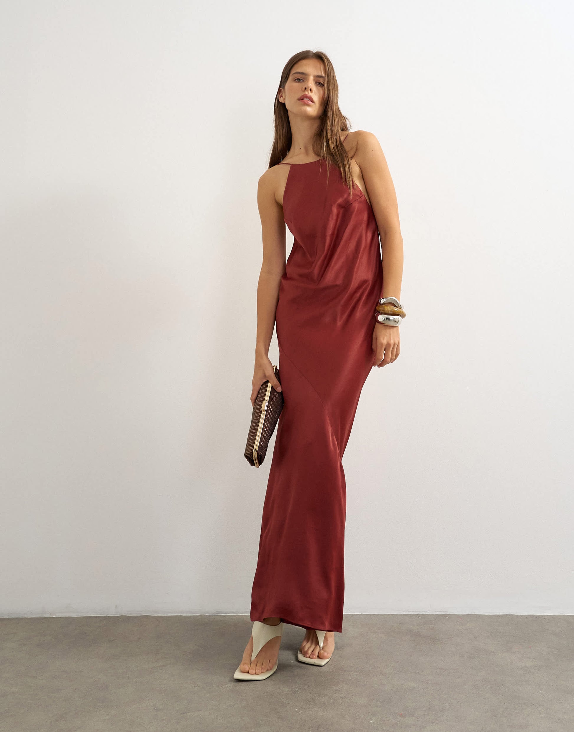 Topshop satin bias halter neck open scoop back maxi dress in burnt red