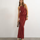 Topshop satin bias halter neck open scoop back maxi dress in burnt red
