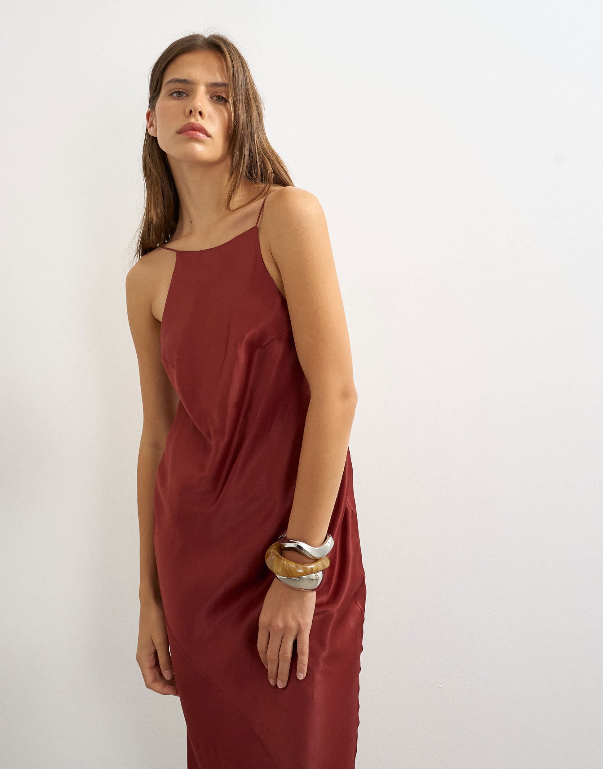 Topshop satin bias halter neck open scoop back maxi dress in burnt red