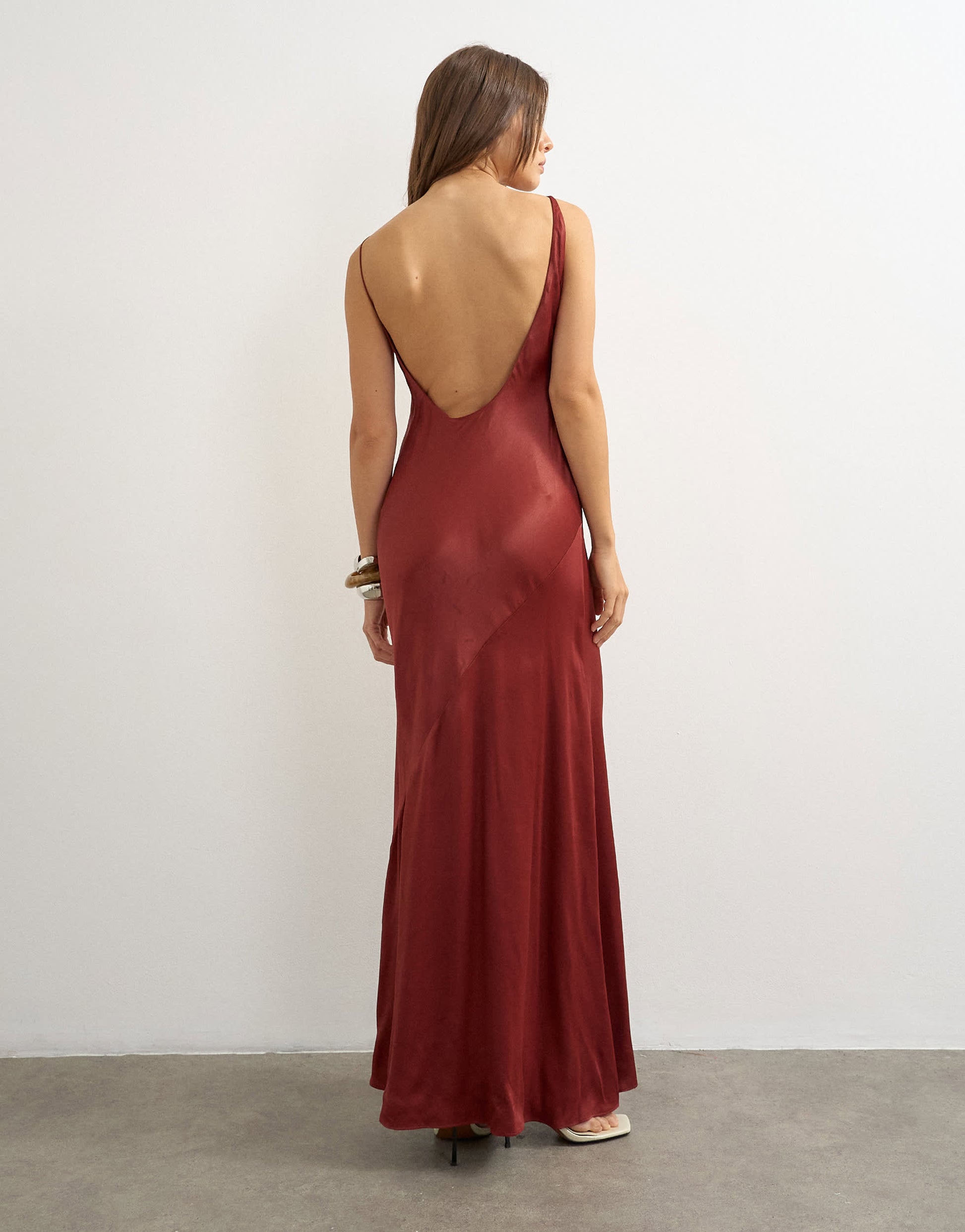 Topshop satin bias halter neck open scoop back maxi dress in burnt red