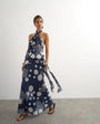 Topshop halter neck dropped waist tie detail maxi dress in navy mixed spot