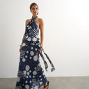 Topshop halter neck dropped waist tie detail maxi dress in navy mixed spot