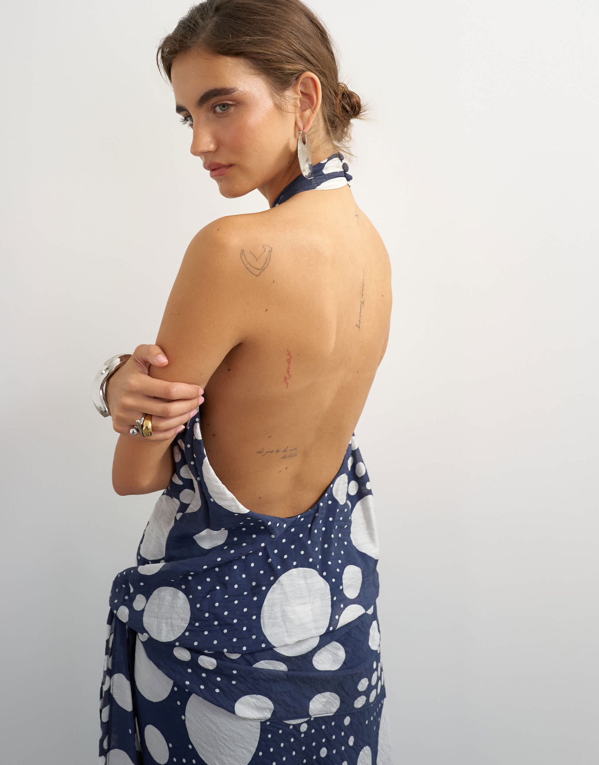 Topshop halter neck dropped waist tie detail maxi dress in navy mixed spot