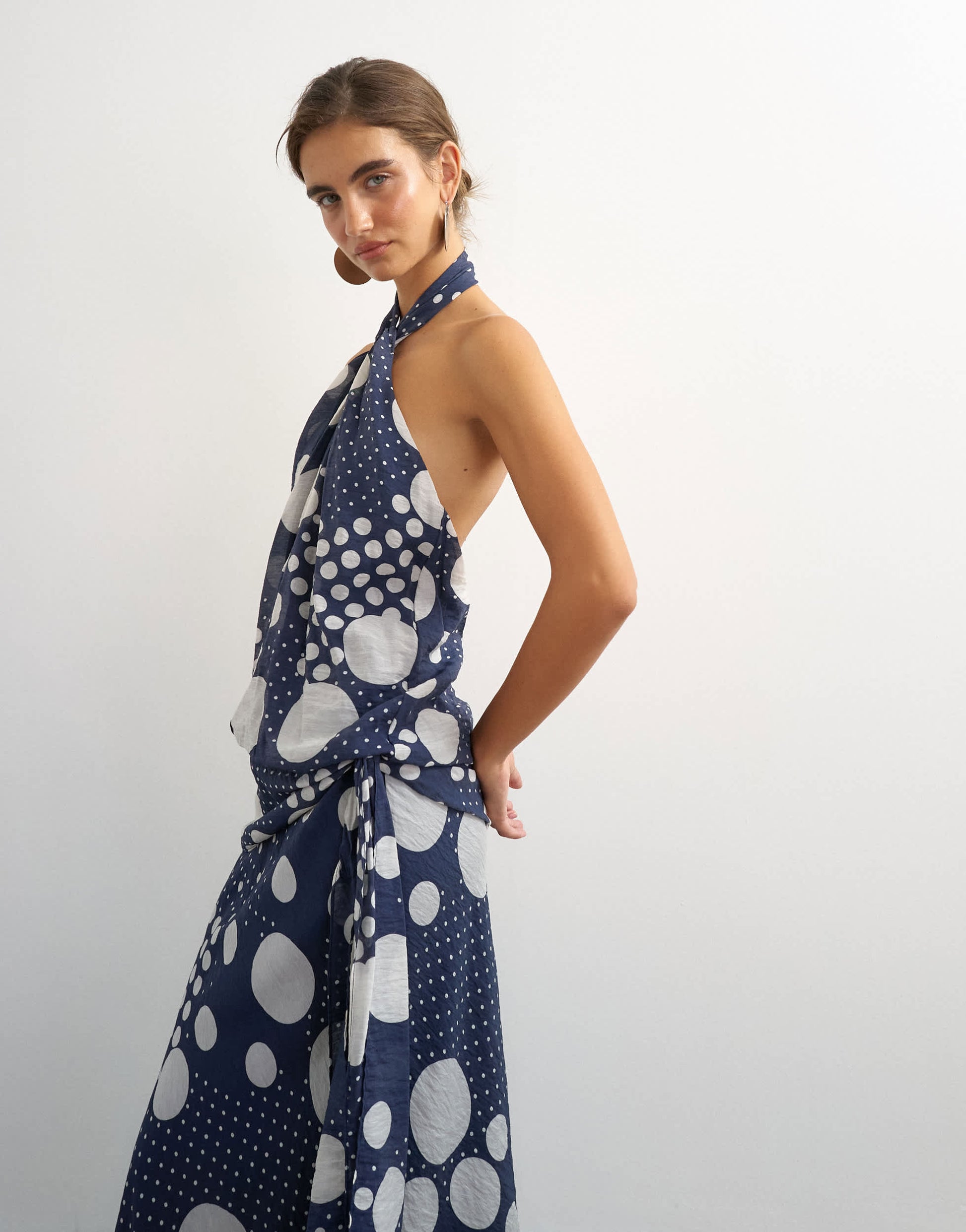 Topshop halter neck dropped waist tie detail maxi dress in navy mixed spot