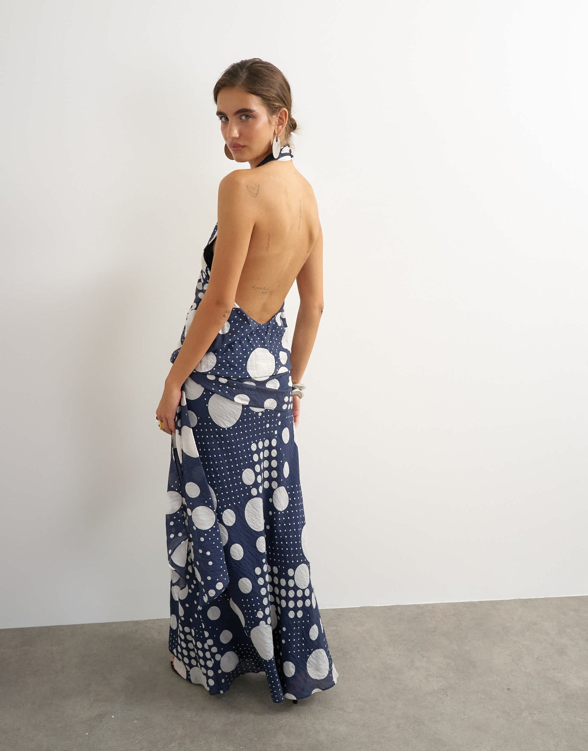 Topshop halter neck dropped waist tie detail maxi dress in navy mixed spot