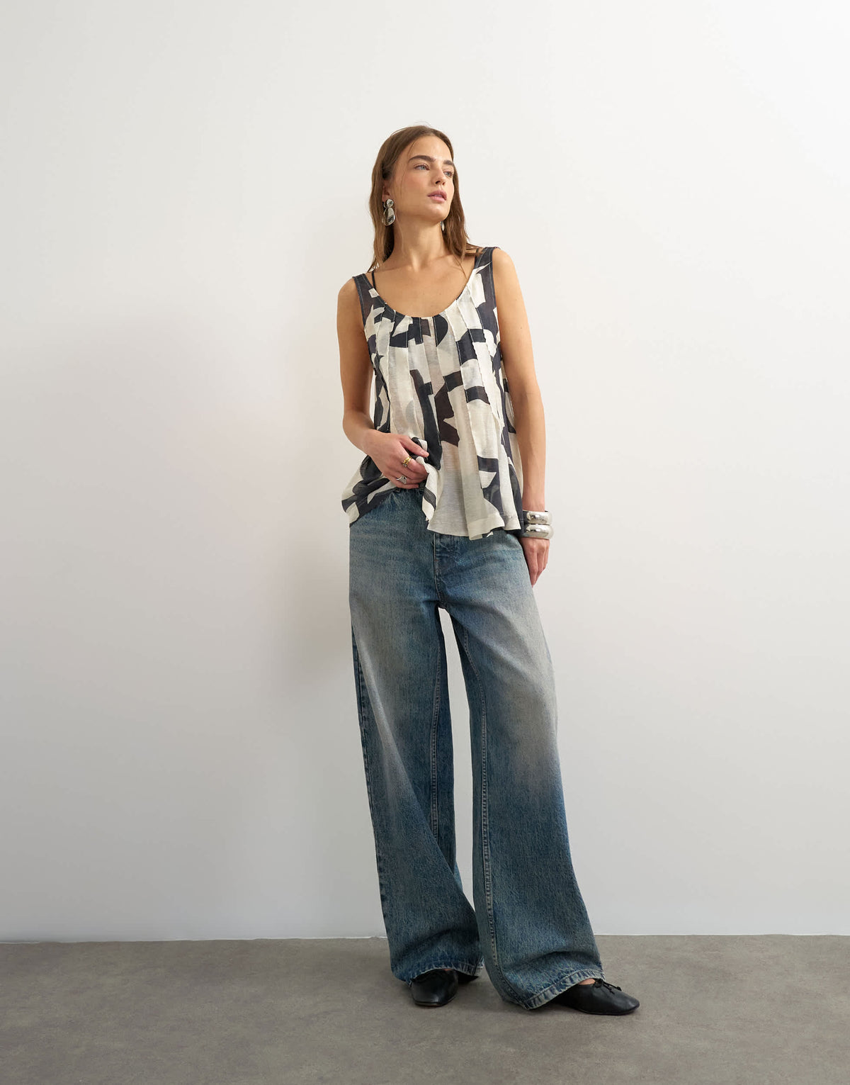 Topshop sheer sleeveless pintuck cami in mono print