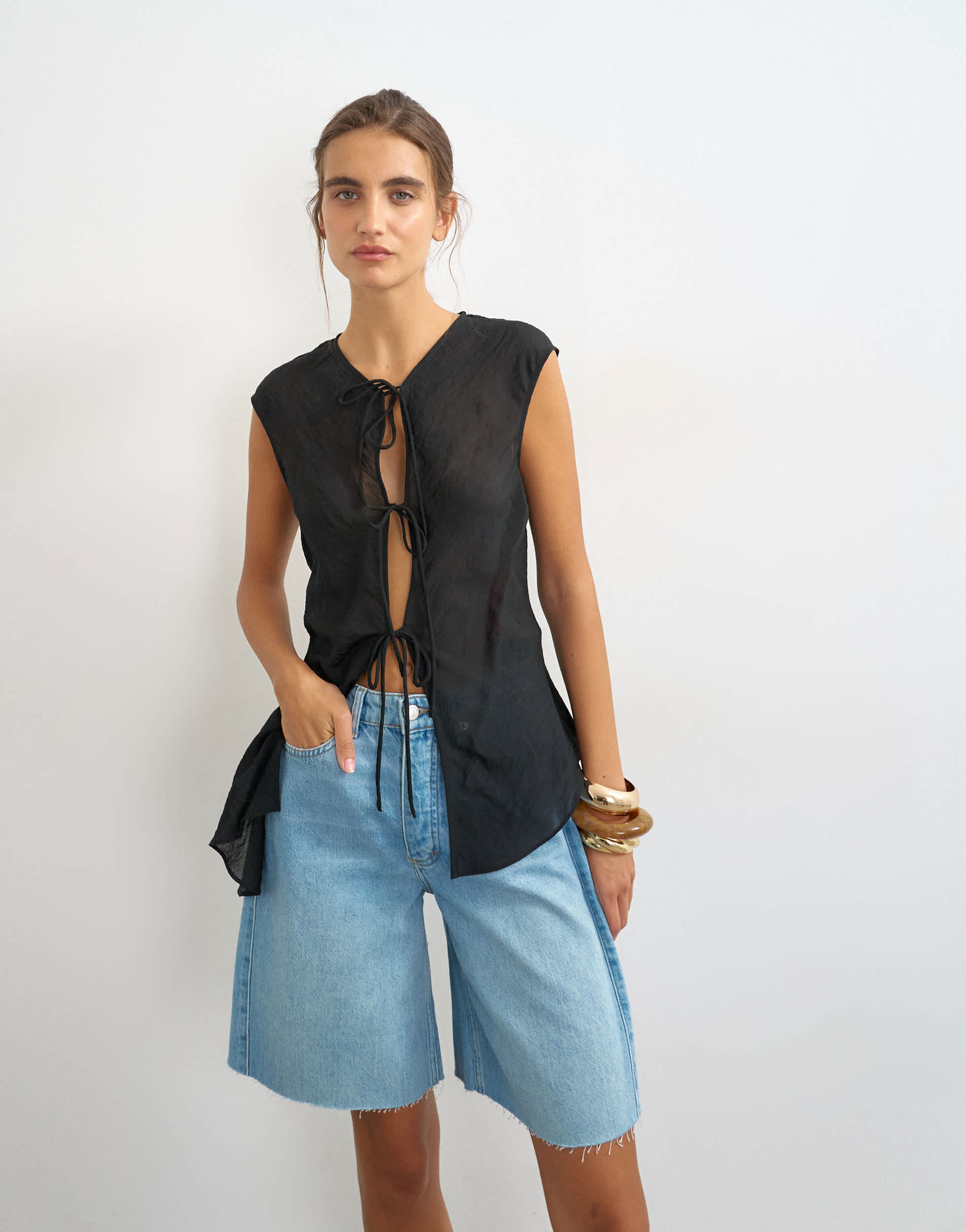 Topshop cap sleeve asymmetric tie detail top in black