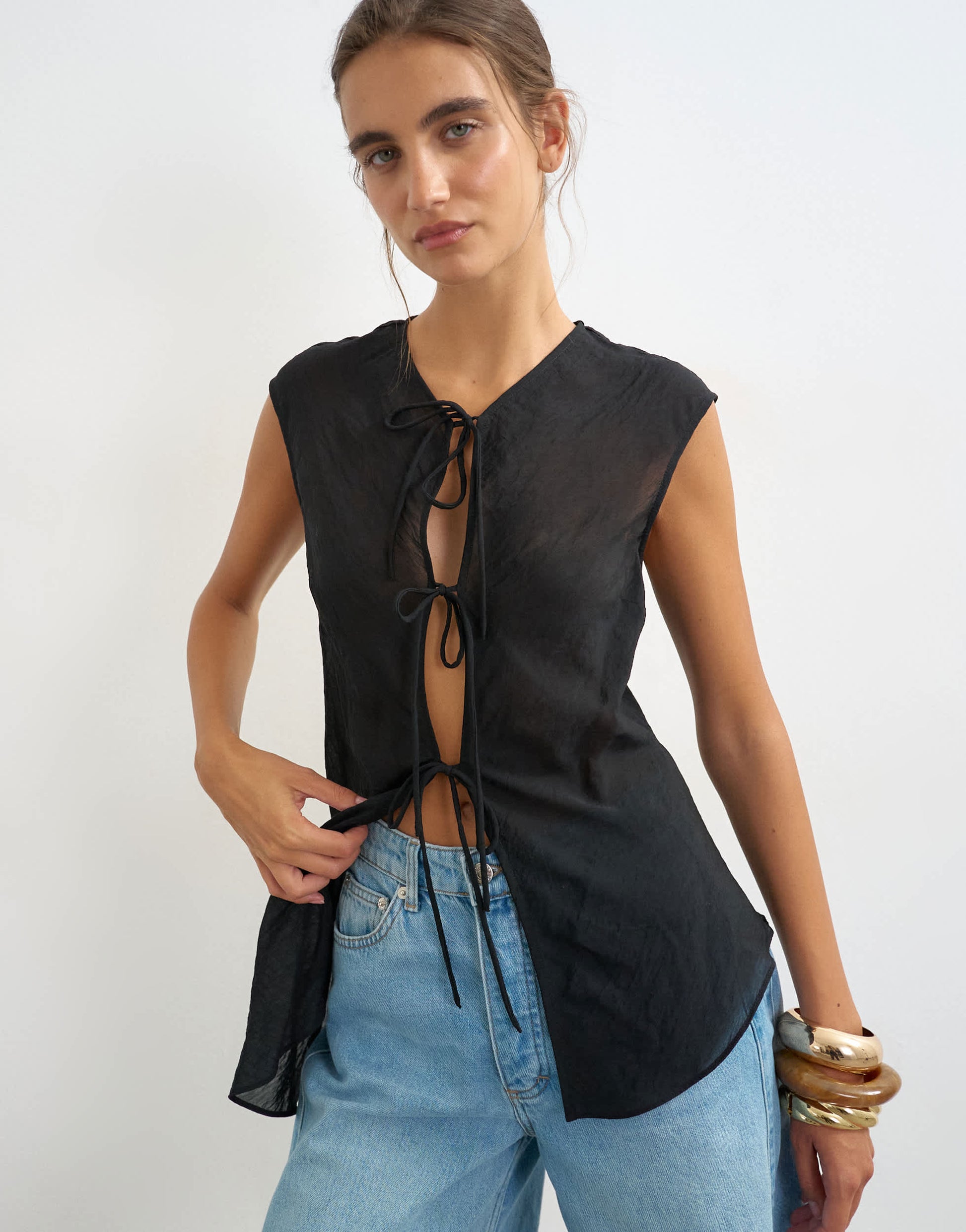 Topshop cap sleeve asymmetric tie detail top in black
