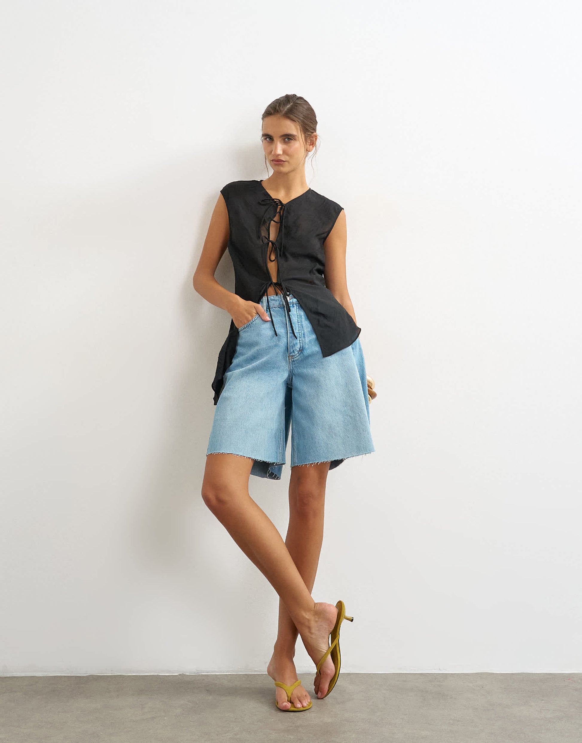 Topshop cap sleeve asymmetric tie detail top in black