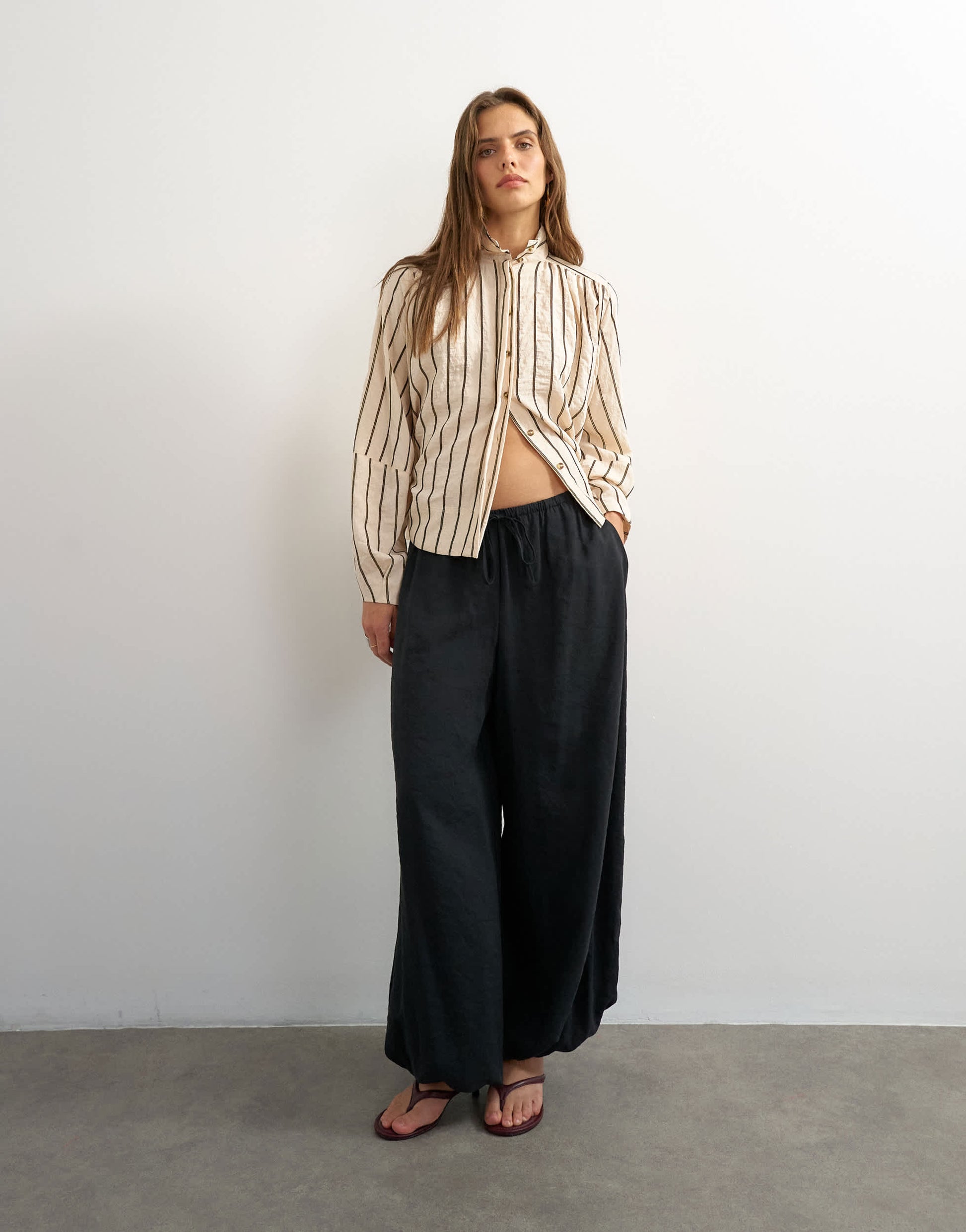 Topshop high neck balloon sleeve shirt in neutral stripe