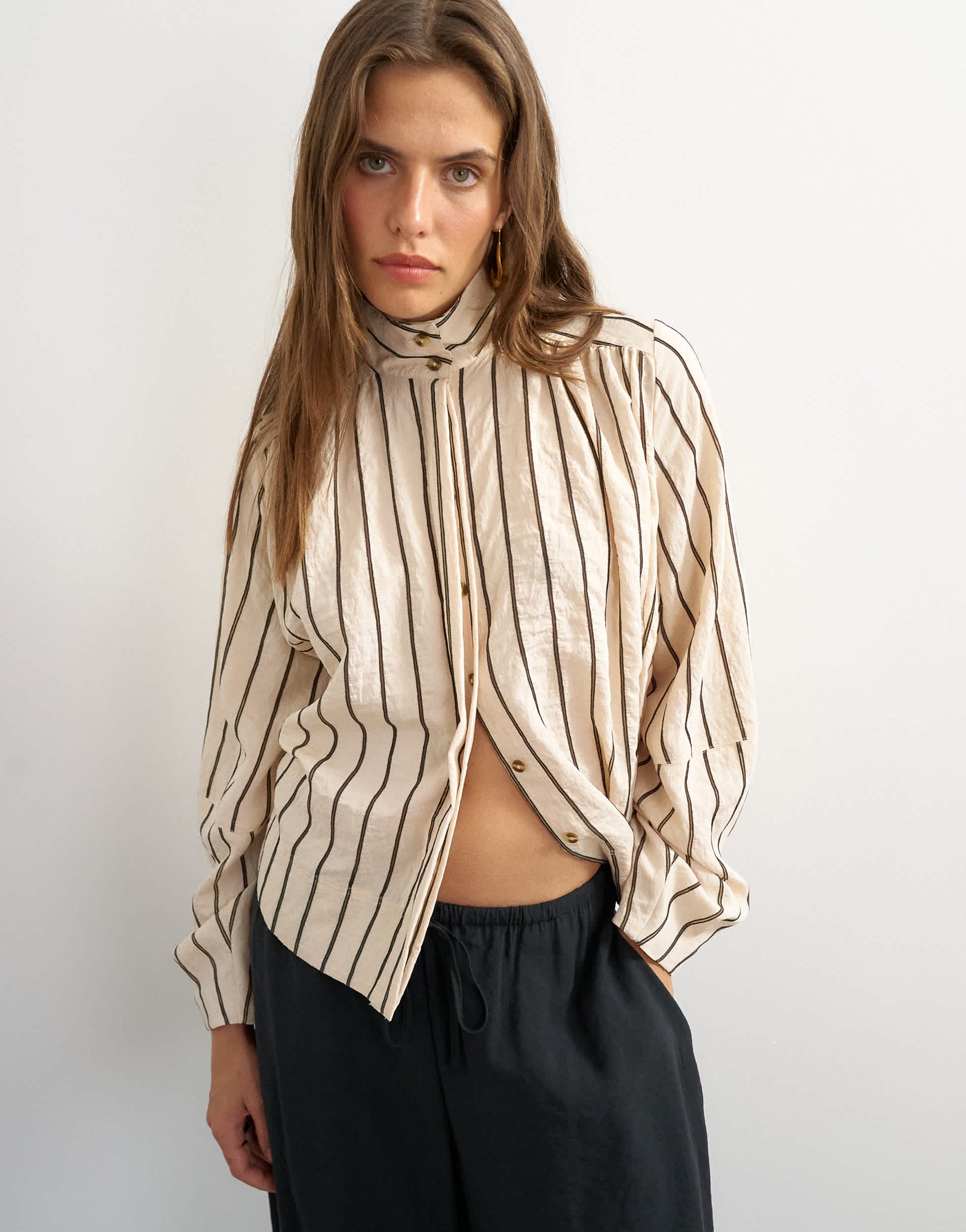 Topshop high neck balloon sleeve shirt in neutral stripe
