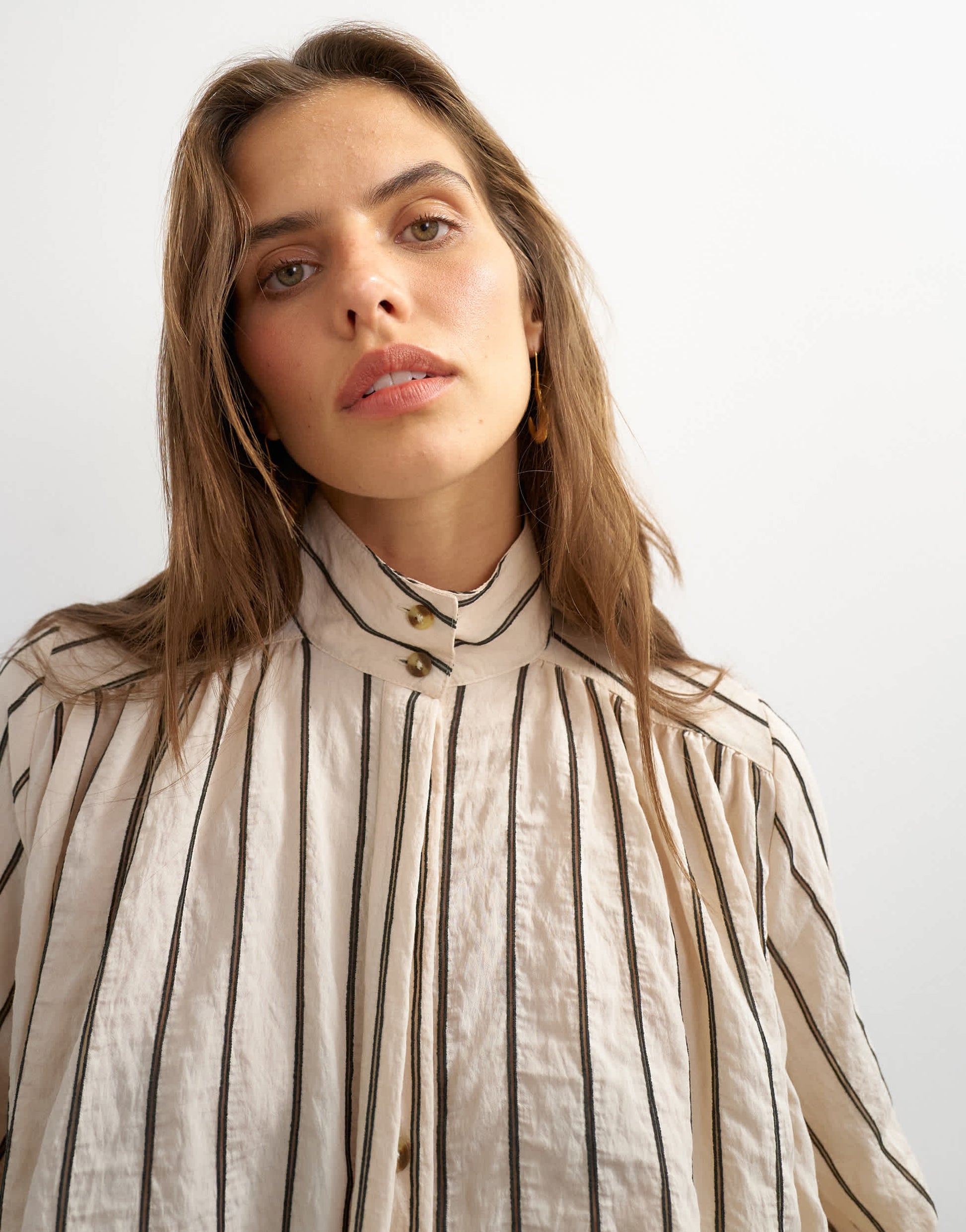 Topshop high neck balloon sleeve shirt in neutral stripe