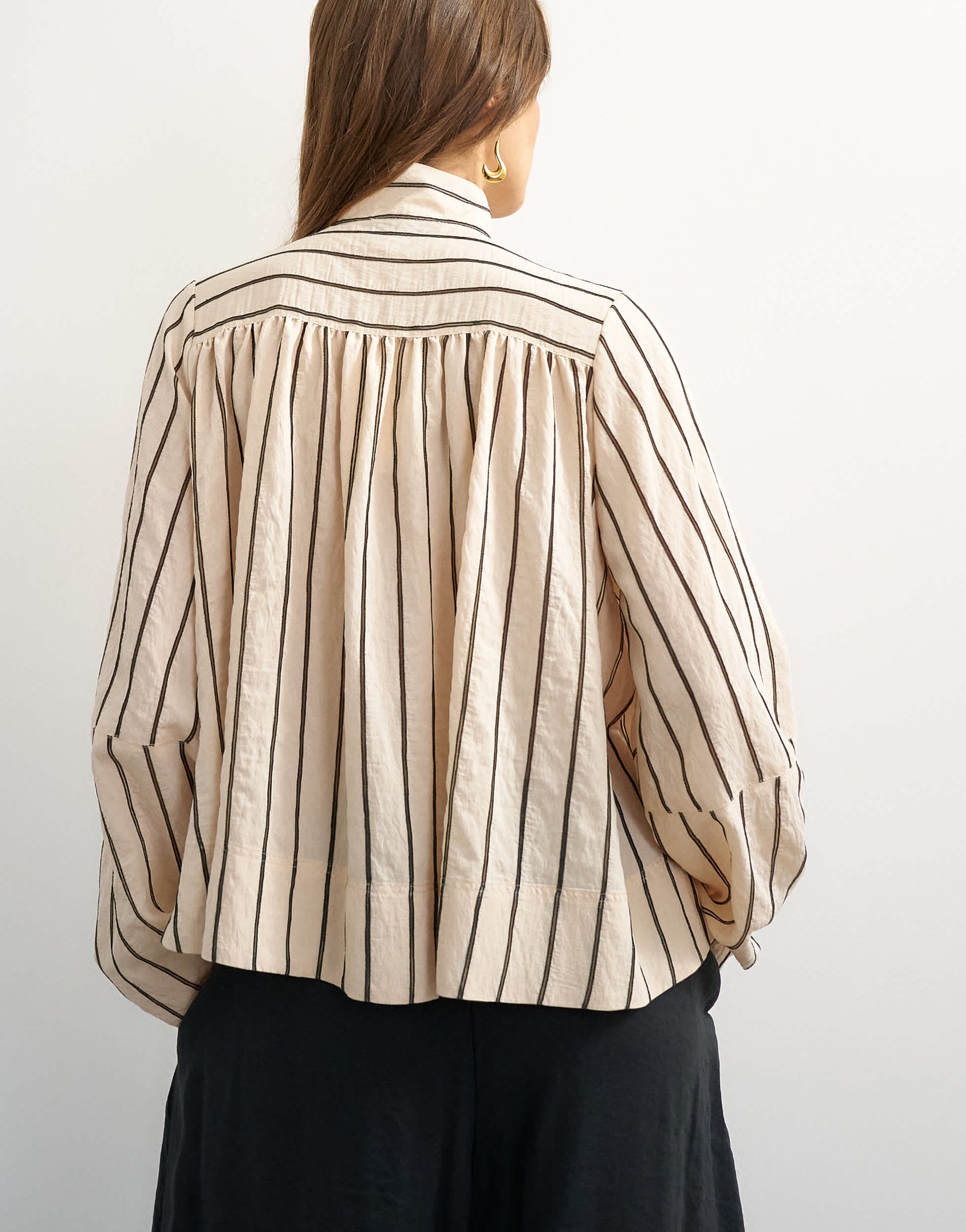 Topshop high neck balloon sleeve shirt in neutral stripe