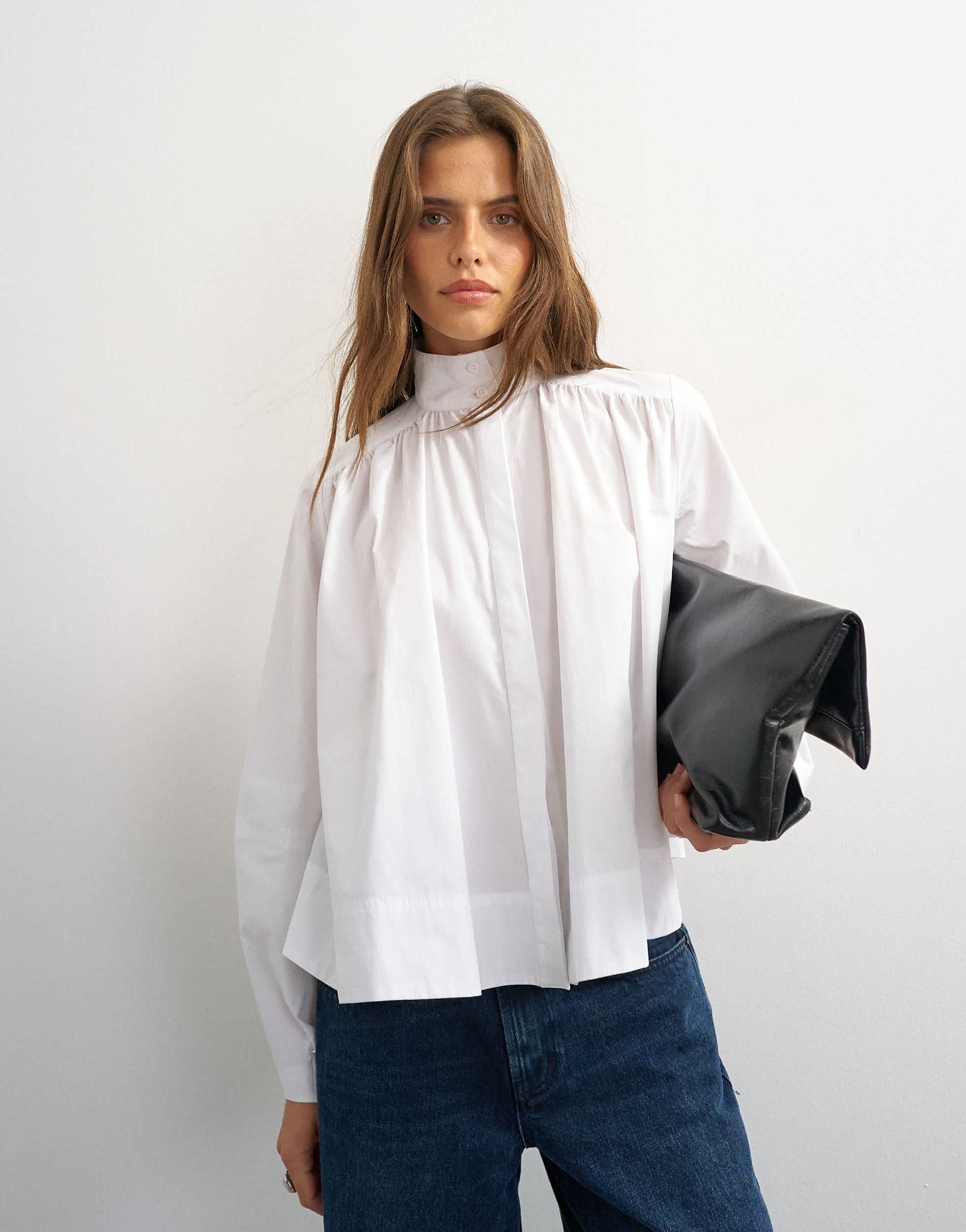 Topshop high neck balloon sleeve shirt in white