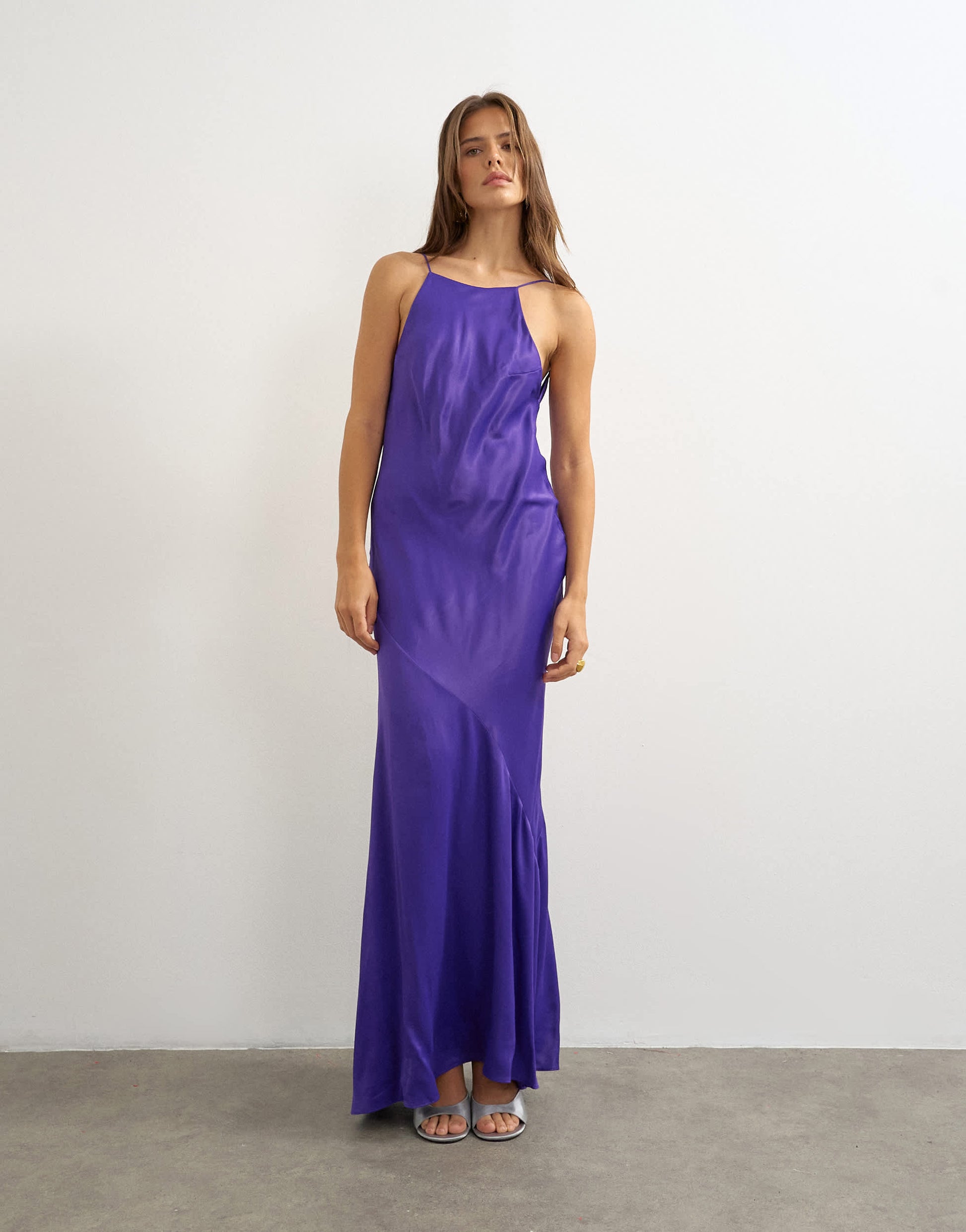 Topshop satin bias halter neck open scoop back maxi dress in purple