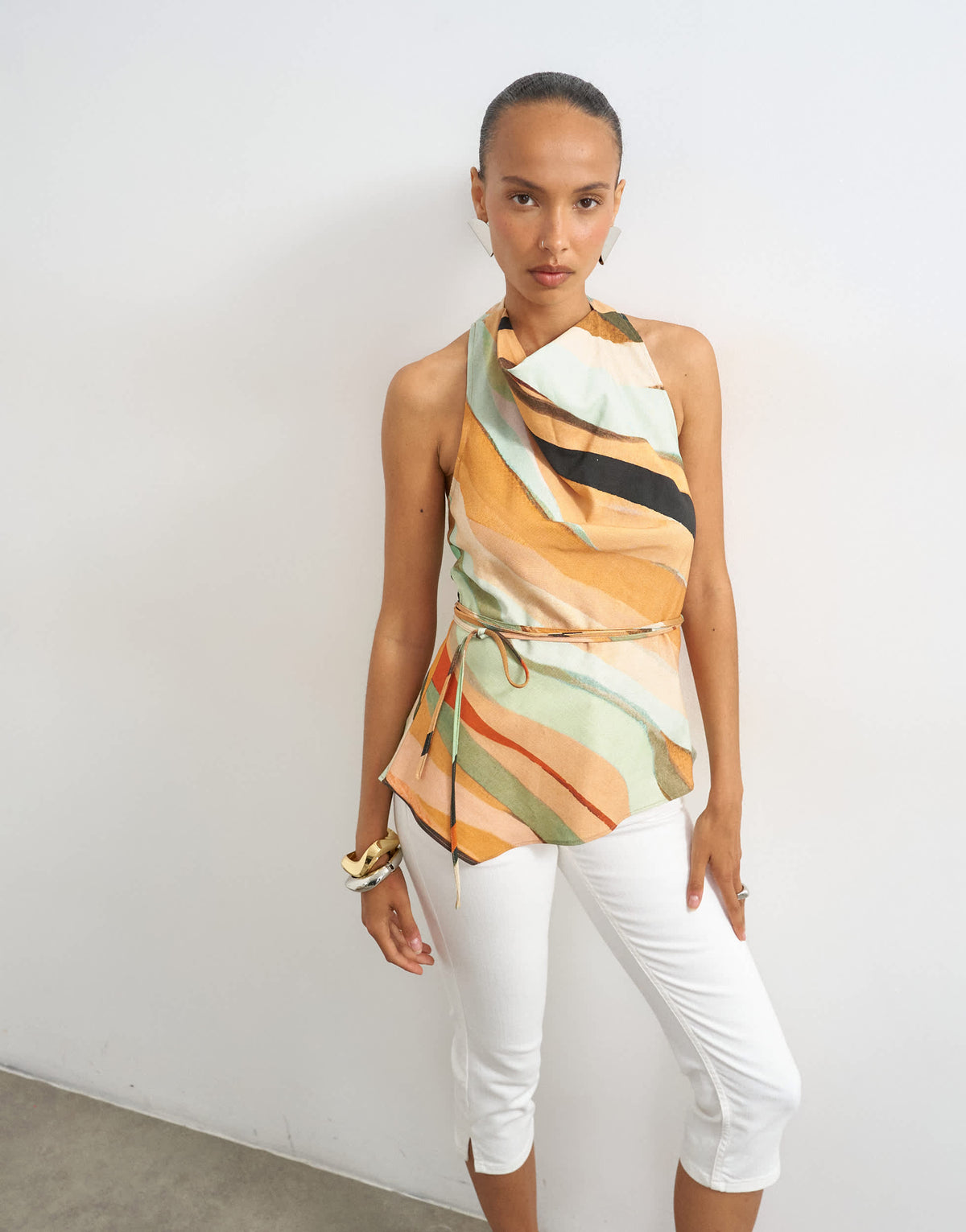 Topshop halter tie waist top in abstract print